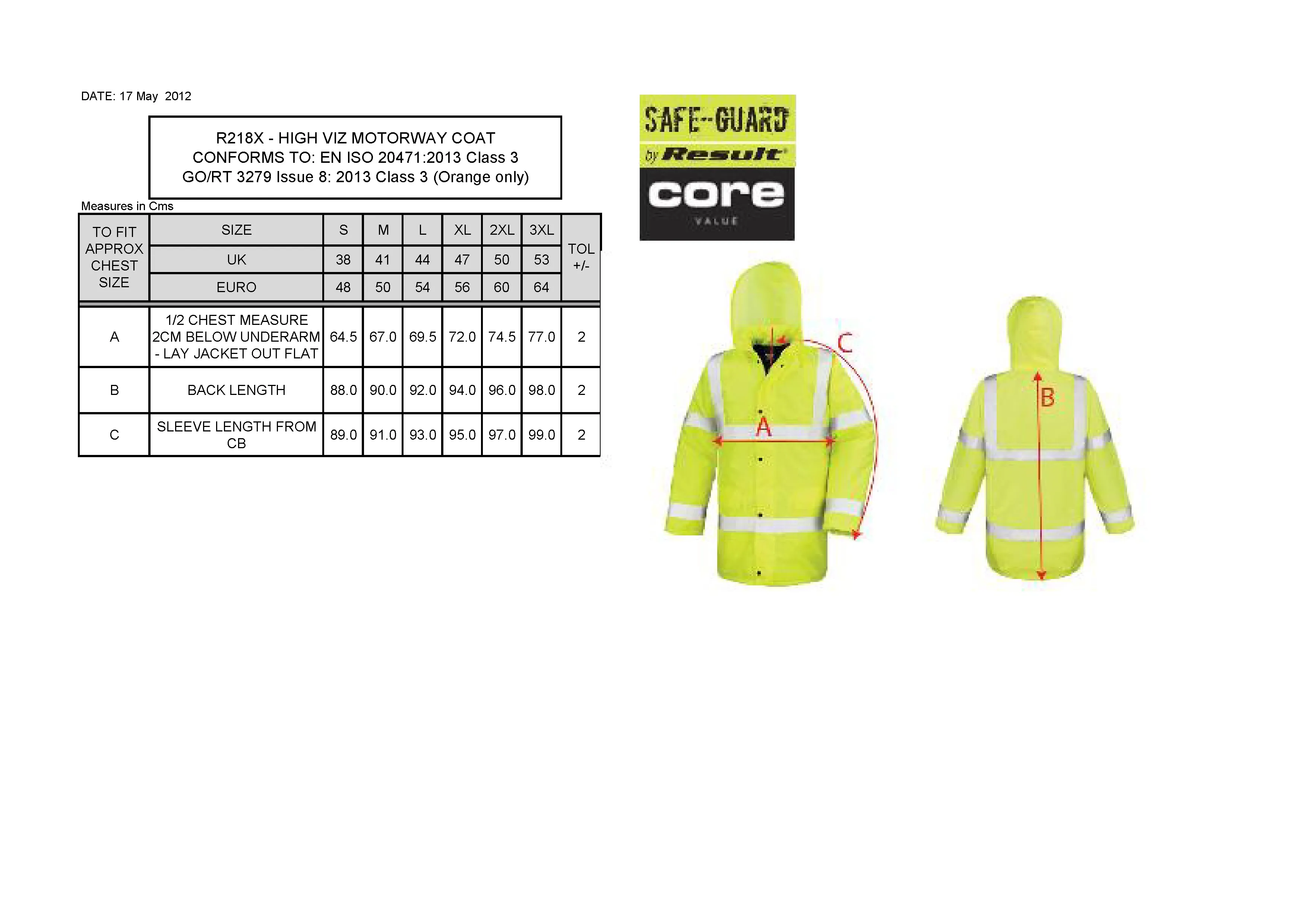 Größentabelle für High Vis Motorway Coat – RT218X