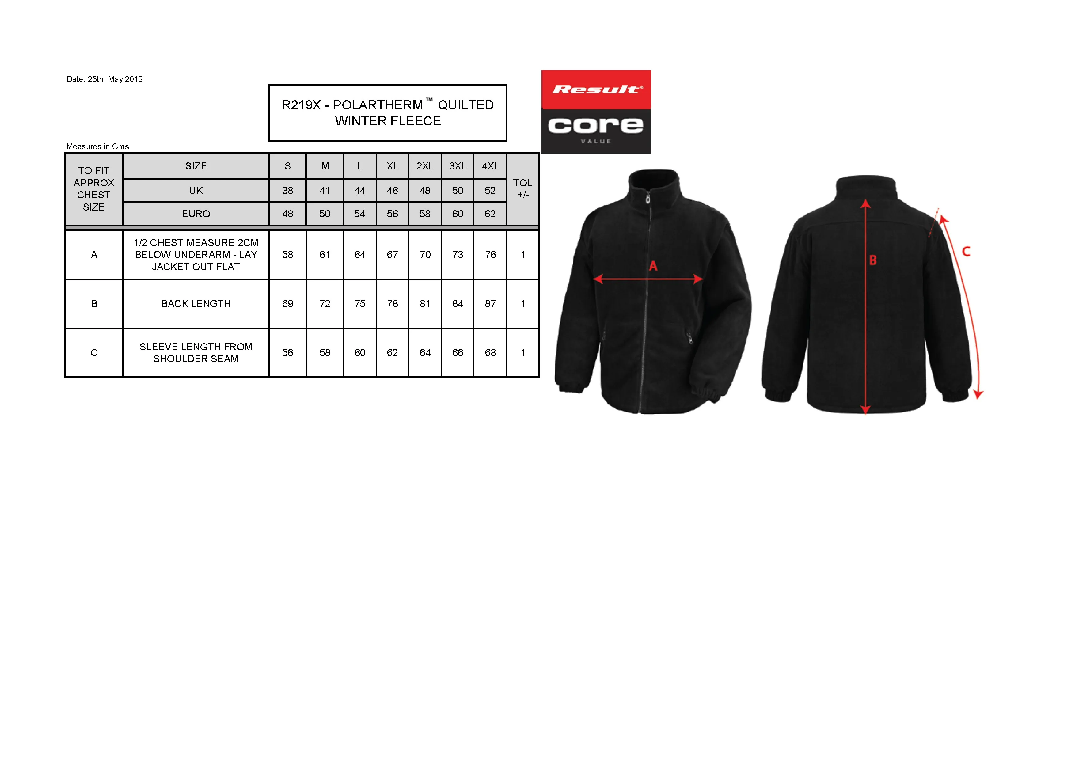 Größentabelle für Polartherm™ Quilted Winter Fleece – RT219X
