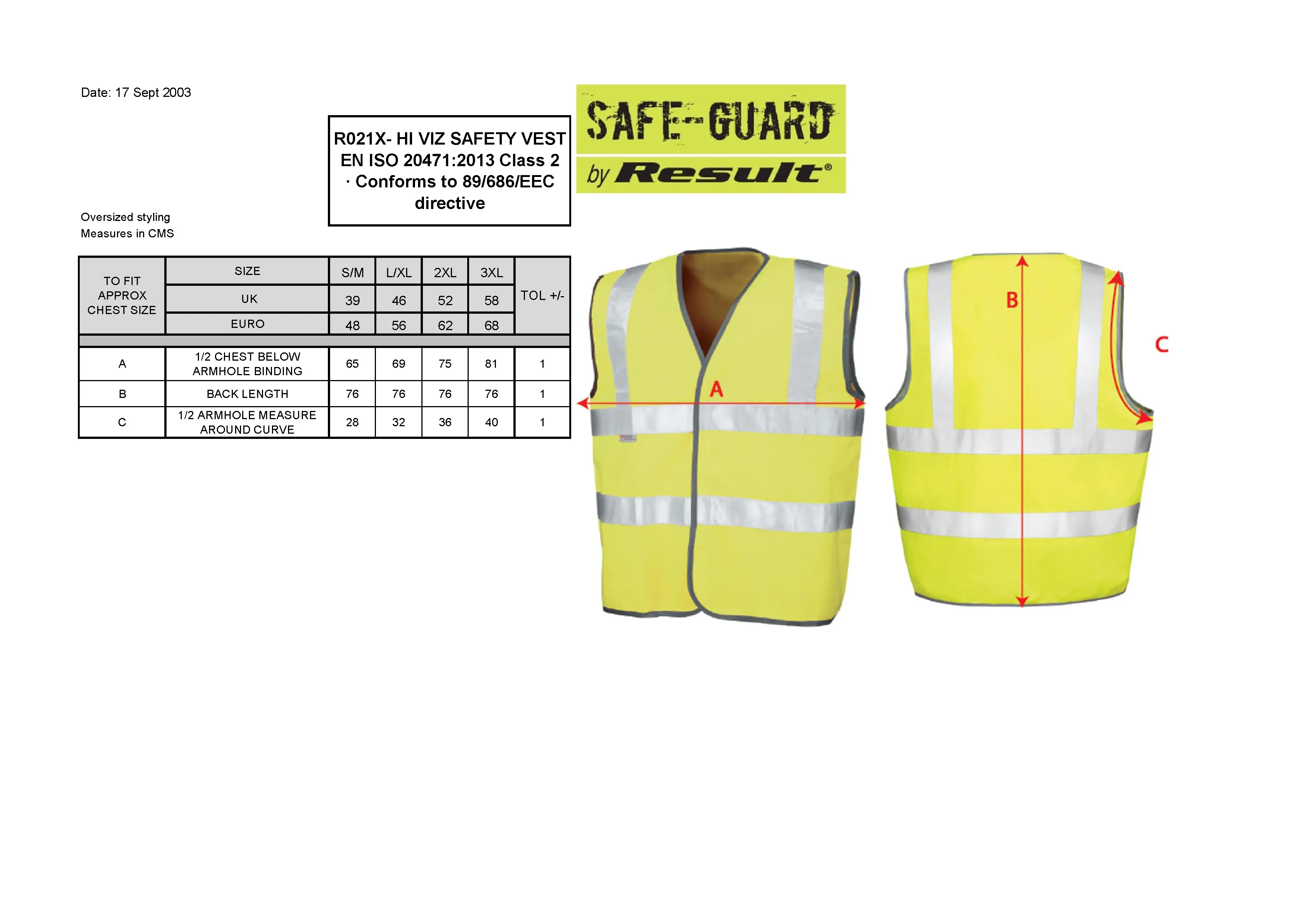 Größentabelle für Safety Hi-Vis Vest Using 3M™ – RT21A