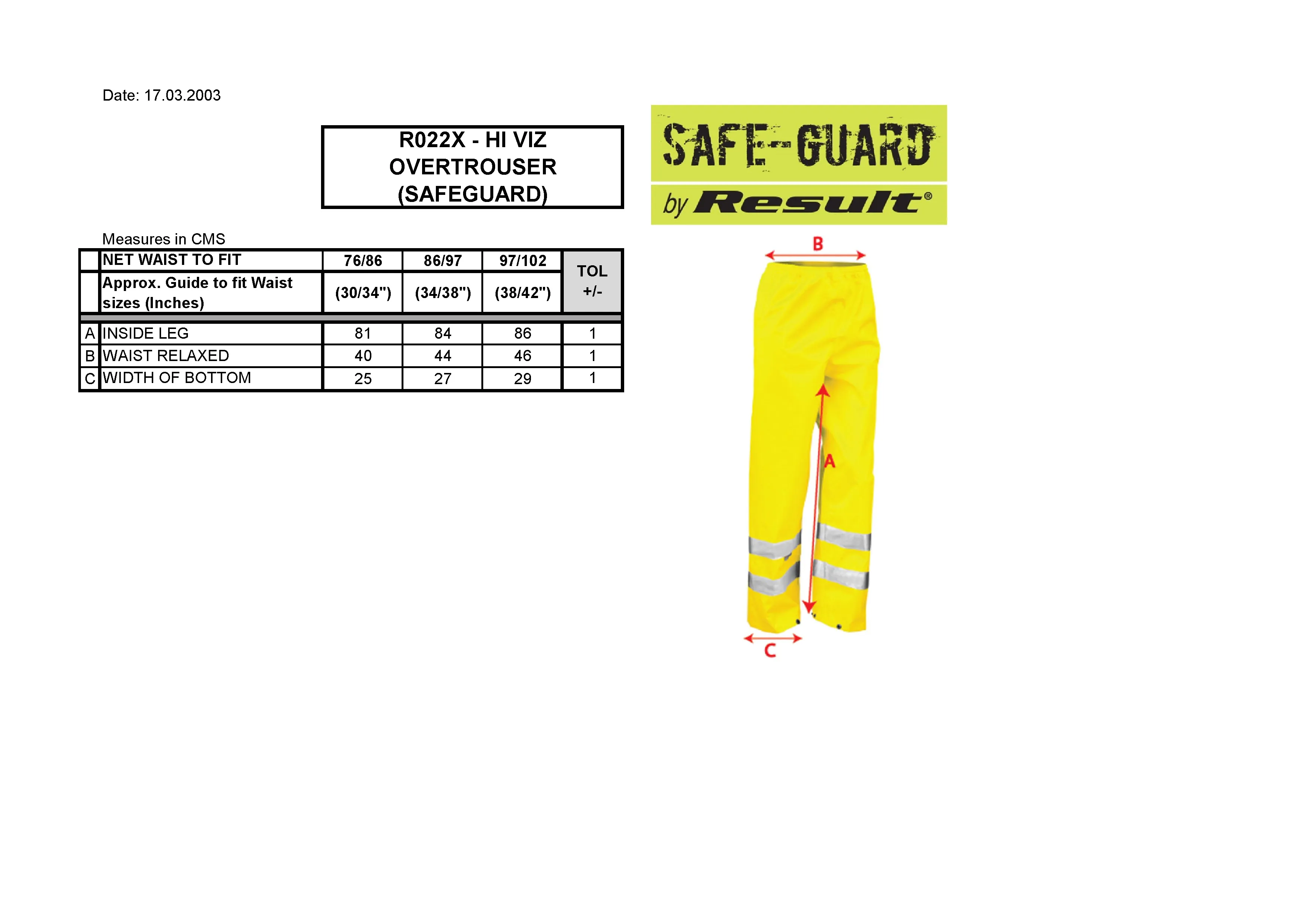 Größentabelle für Safety High Vis Trouser – RT22