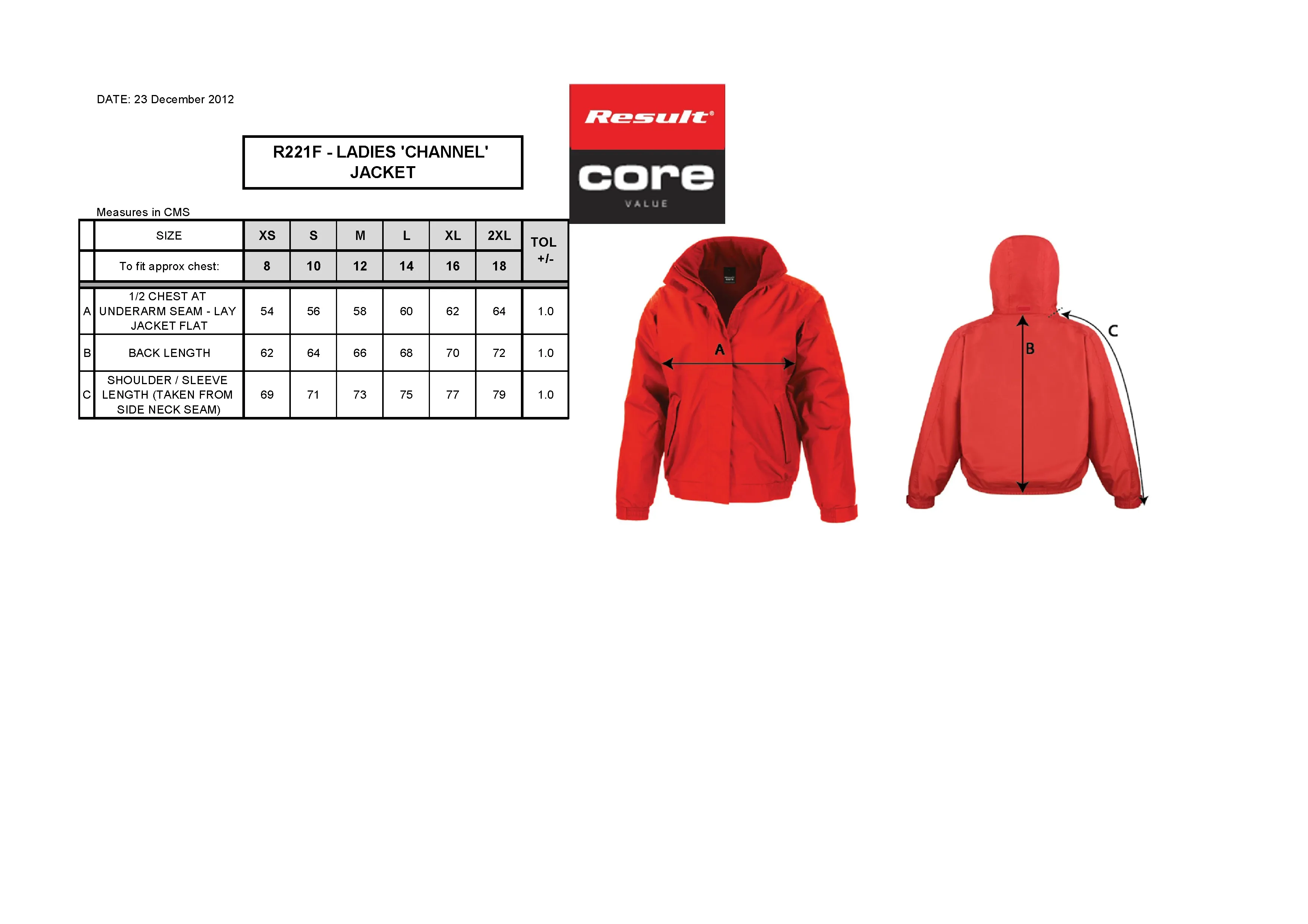 Größentabelle für Women´s Channel Jacket – RT221F