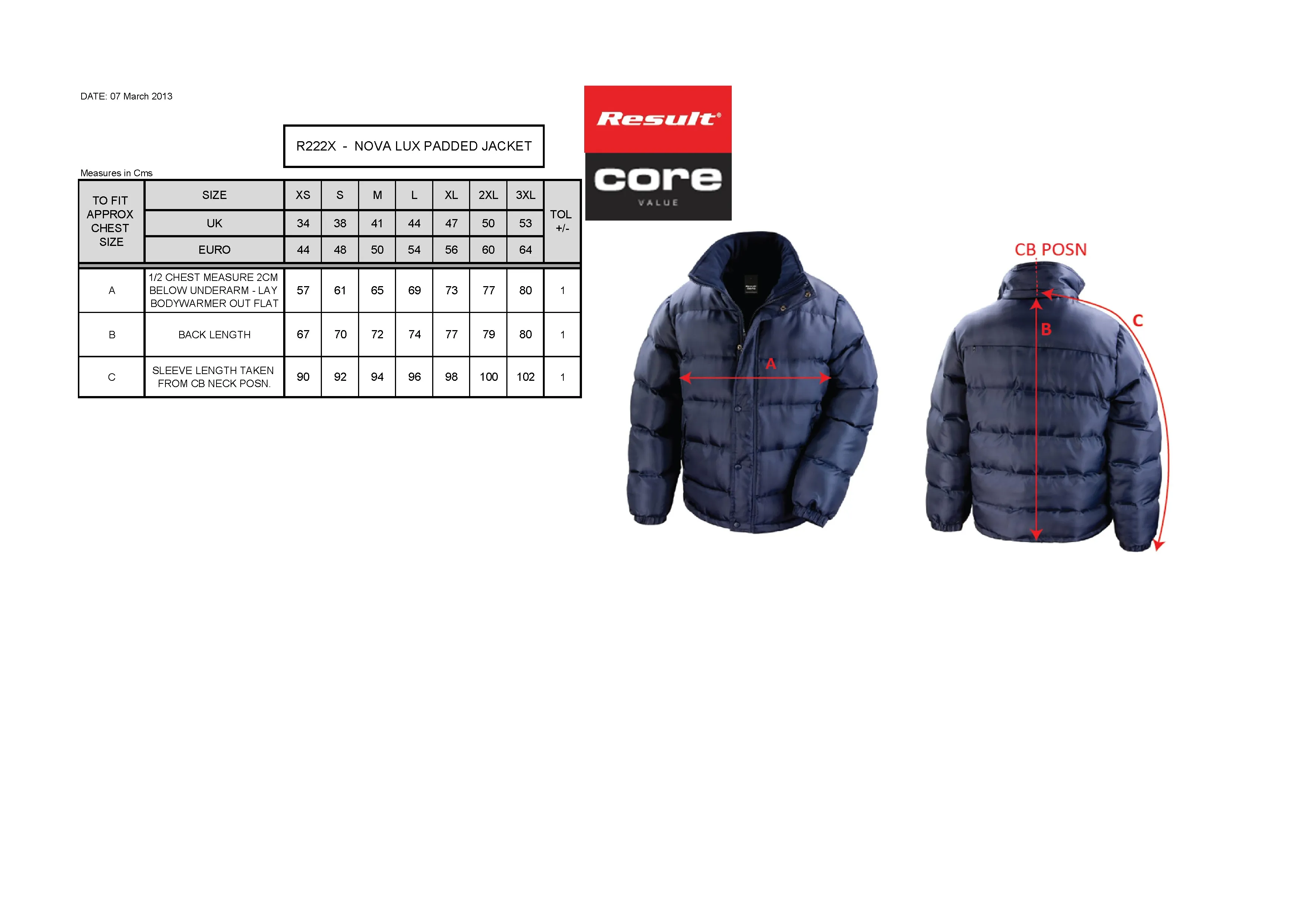 Größentabelle für Nova Lux Padded Jacket – RT222