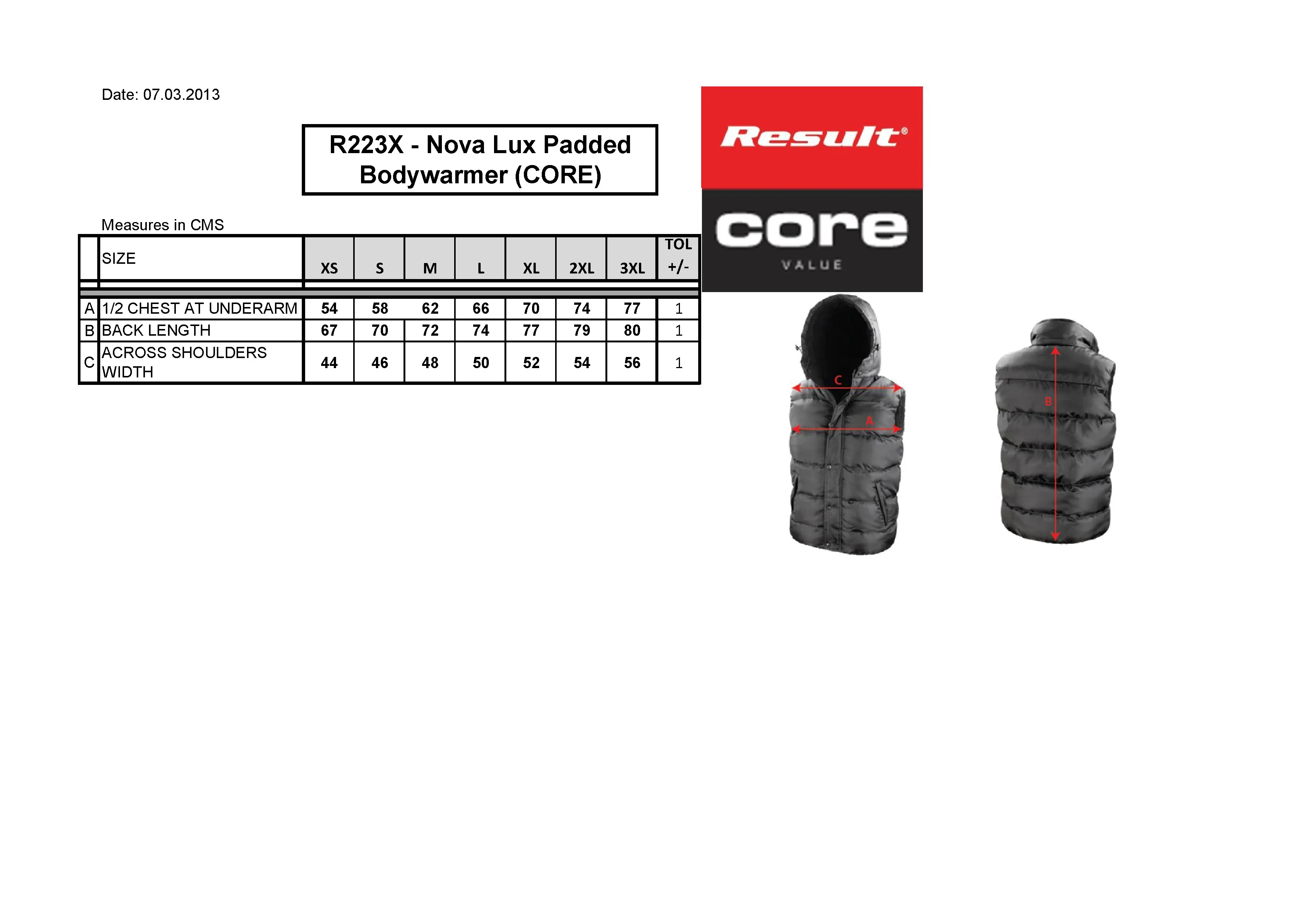 Größentabelle für Nova Lux Hooded Gilet – RT223