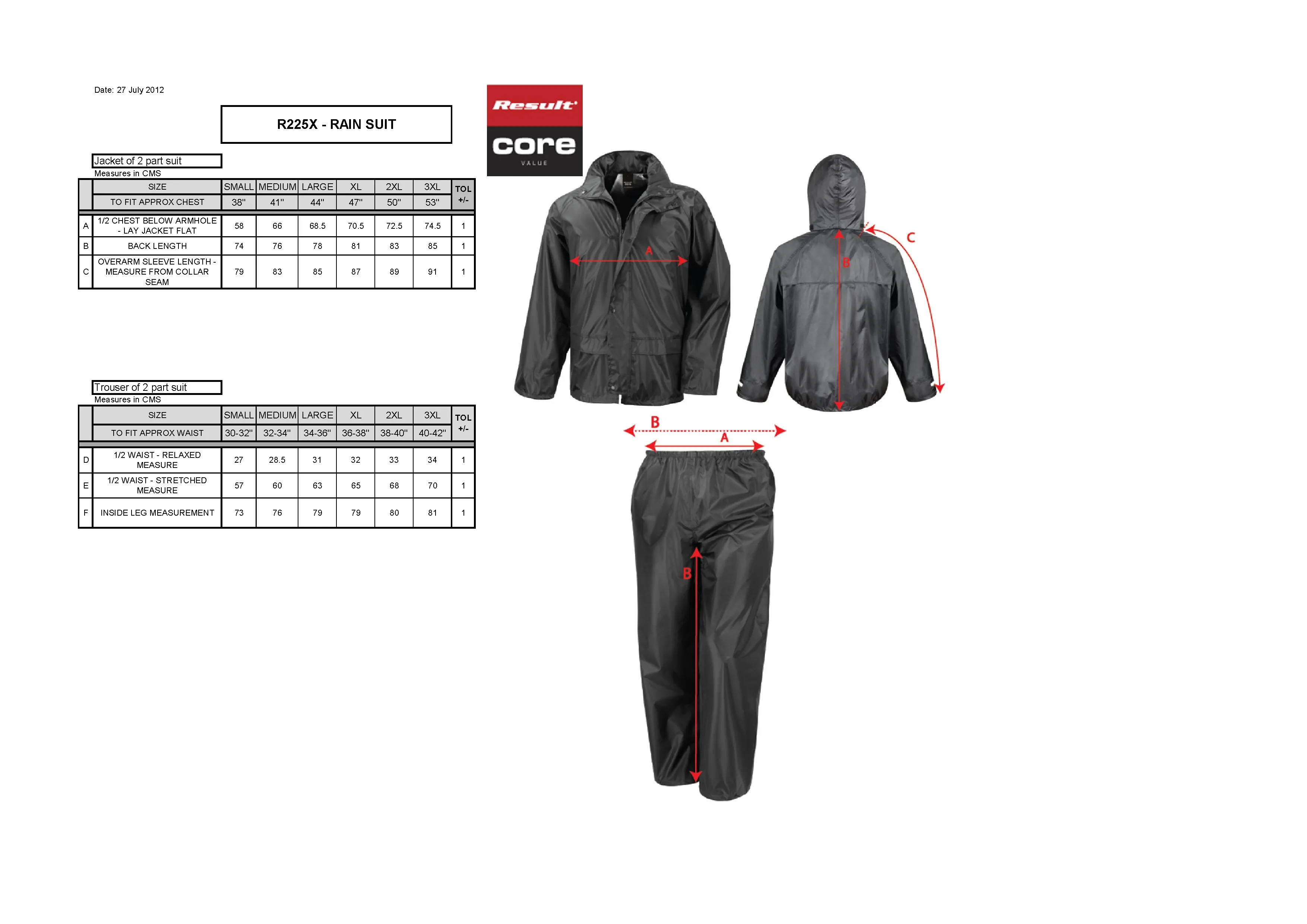 Größentabelle für Rain Suit – RT225X