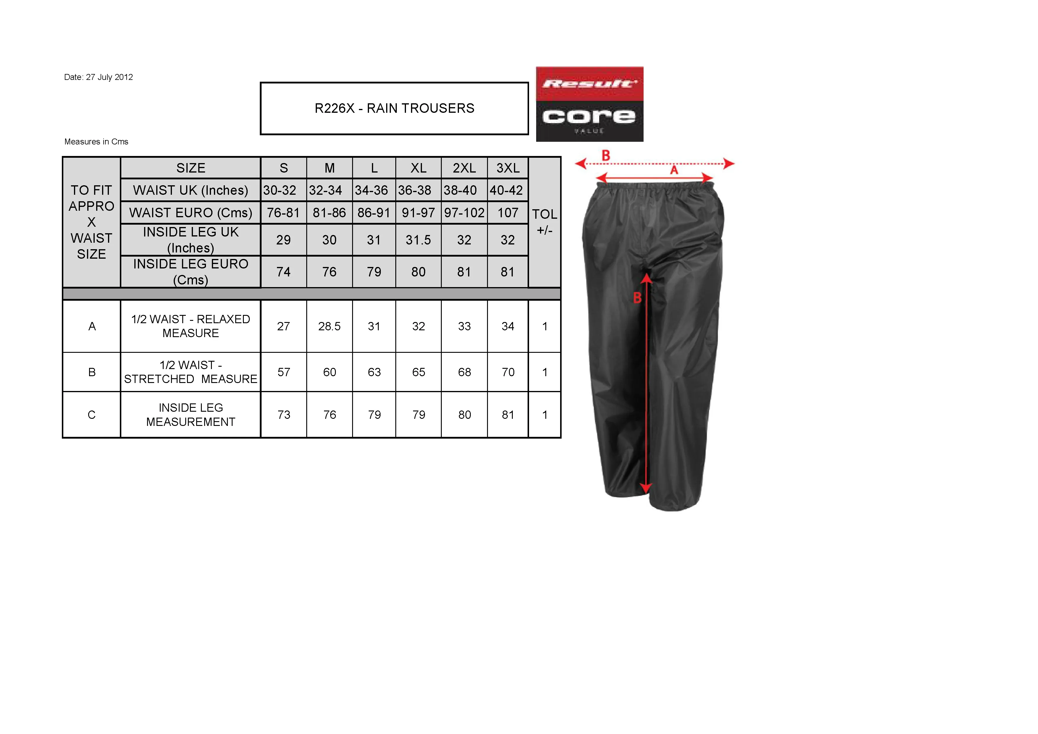 Größentabelle für Rain Trousers – RT226