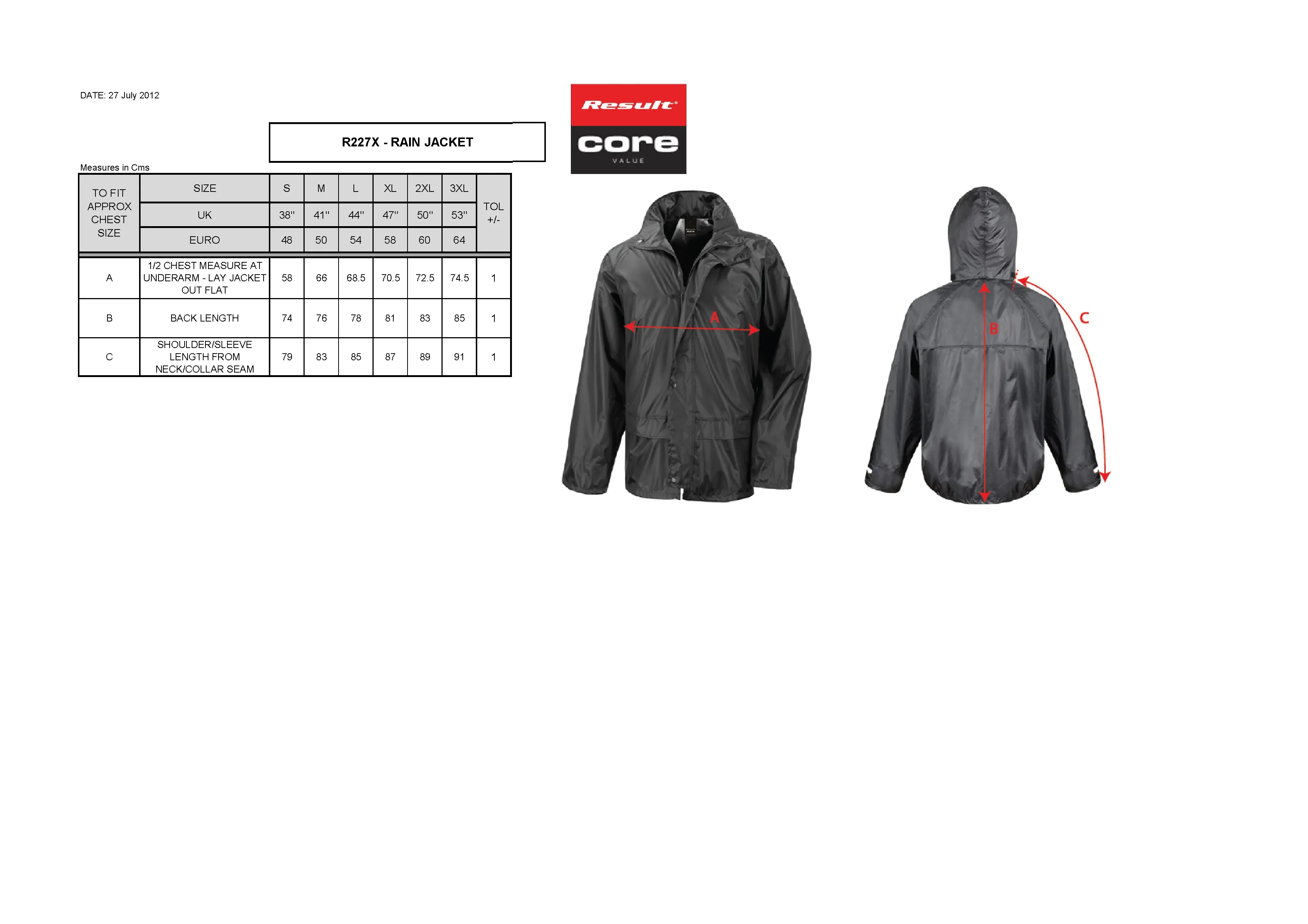 Größentabelle für Rain Jacket – RT227