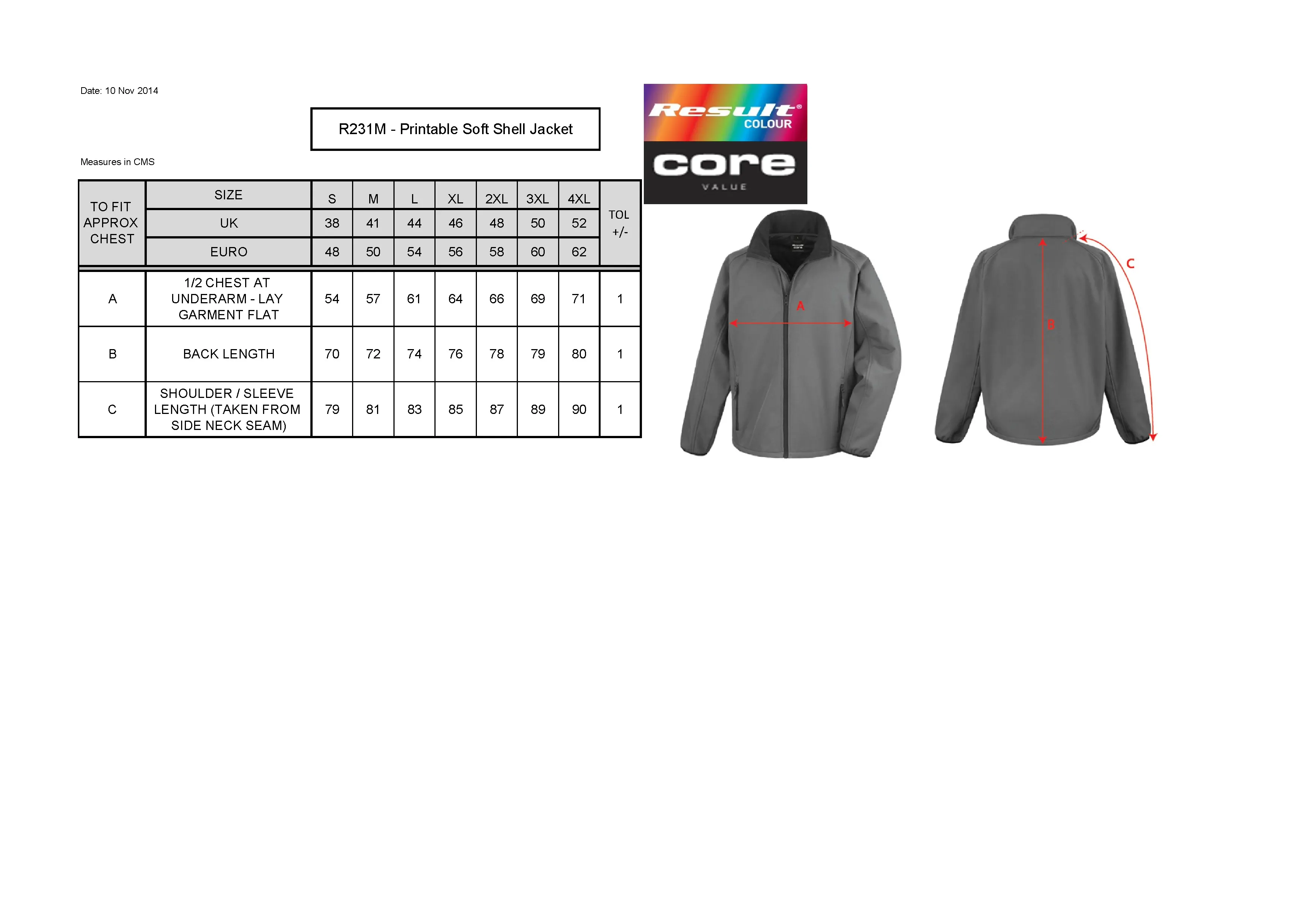 Größentabelle für Men's Printable Softshell Jacket with Recycled Fleece Inner – RT231