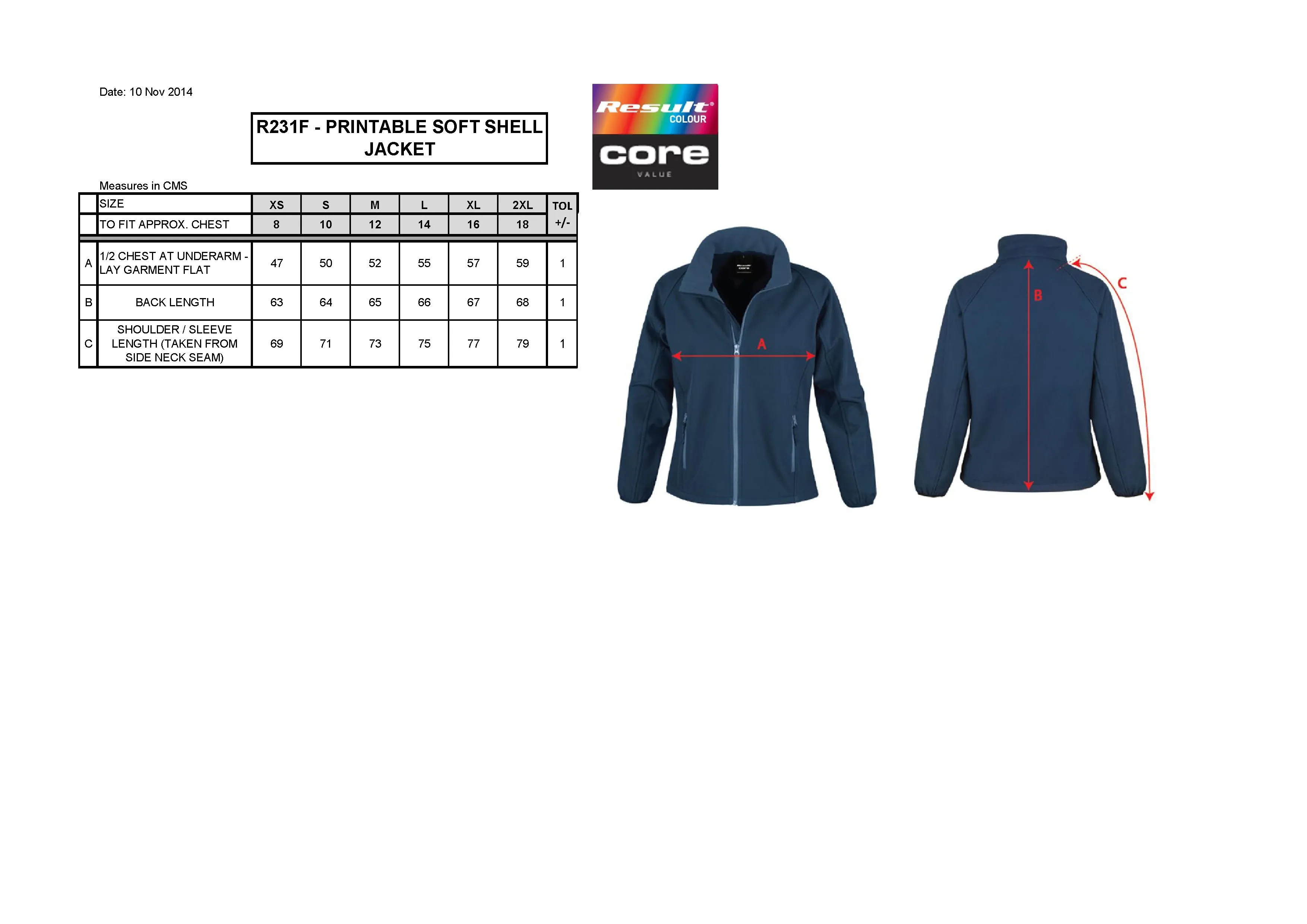 Größentabelle für Women´s Printable Softshell Jacket with Recycled Fleece Inner – RT231F