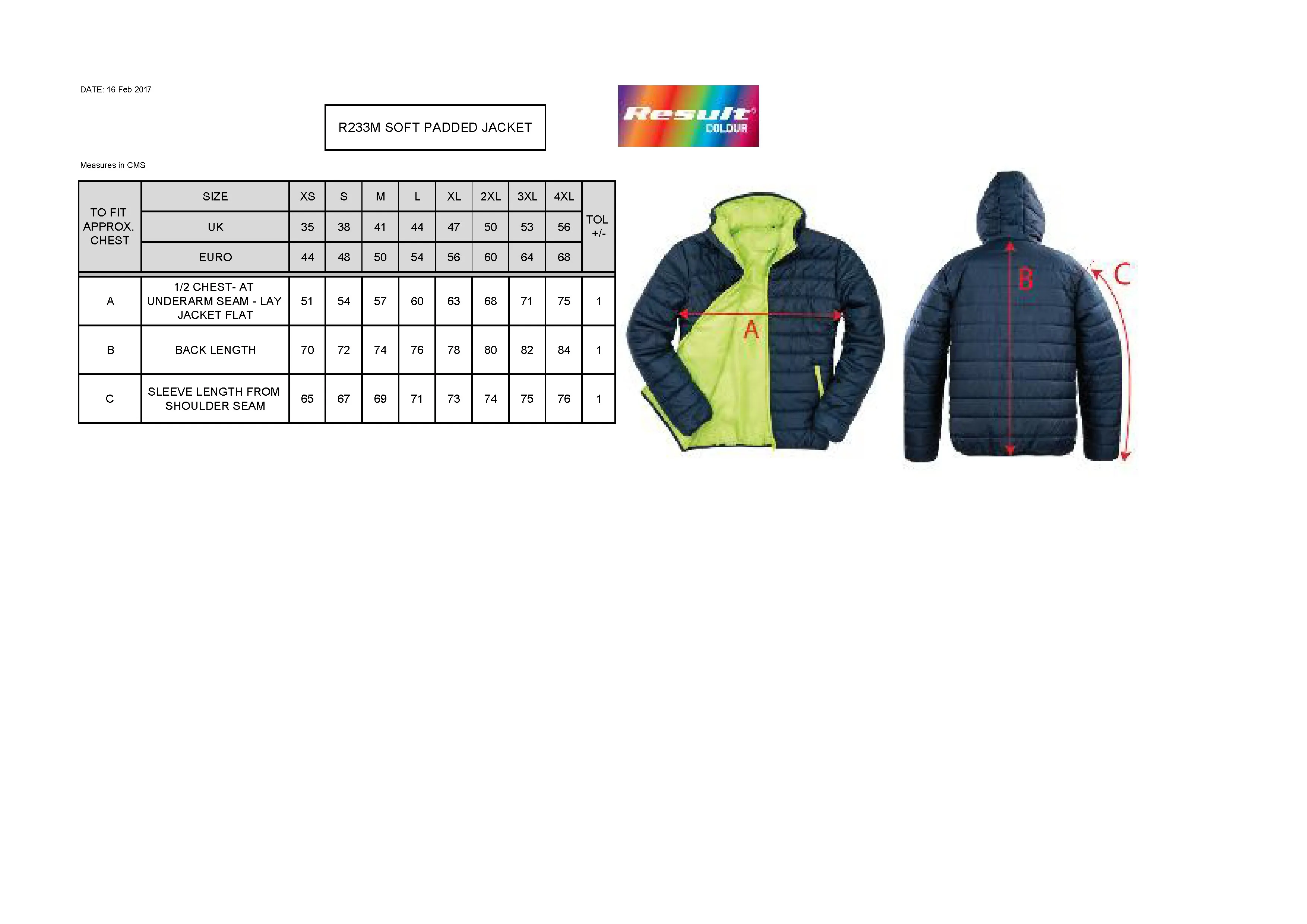 Größentabelle für Soft Padded Jacket – RT233