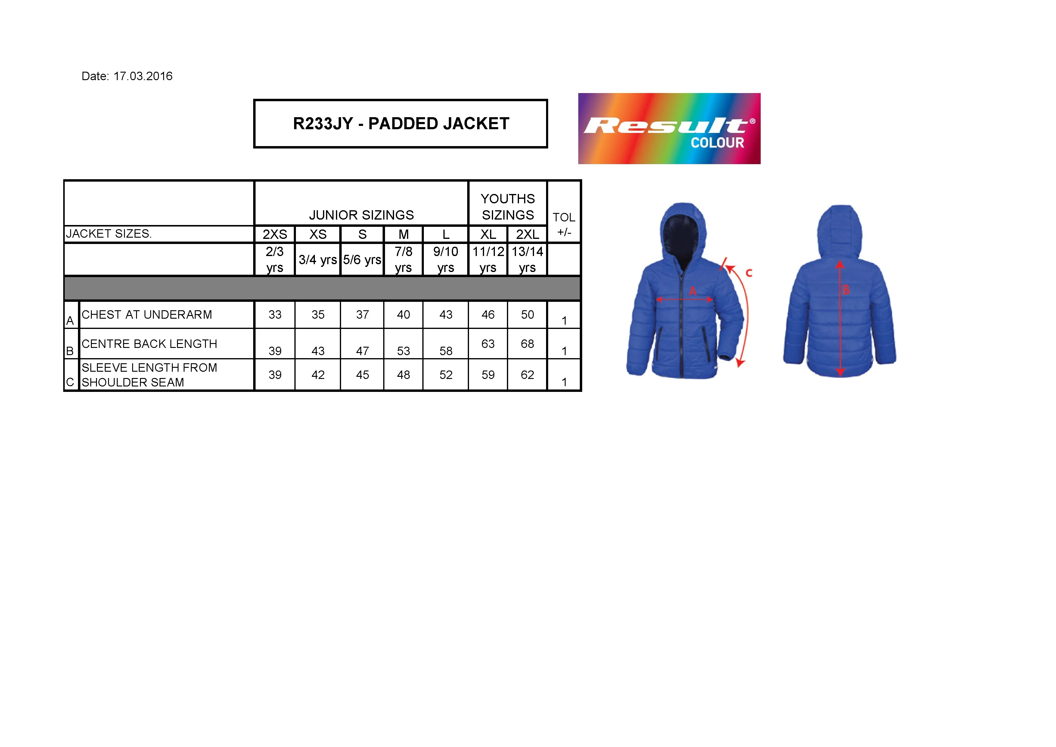Größentabelle für Youth Soft Padded Jacket – RT233Y