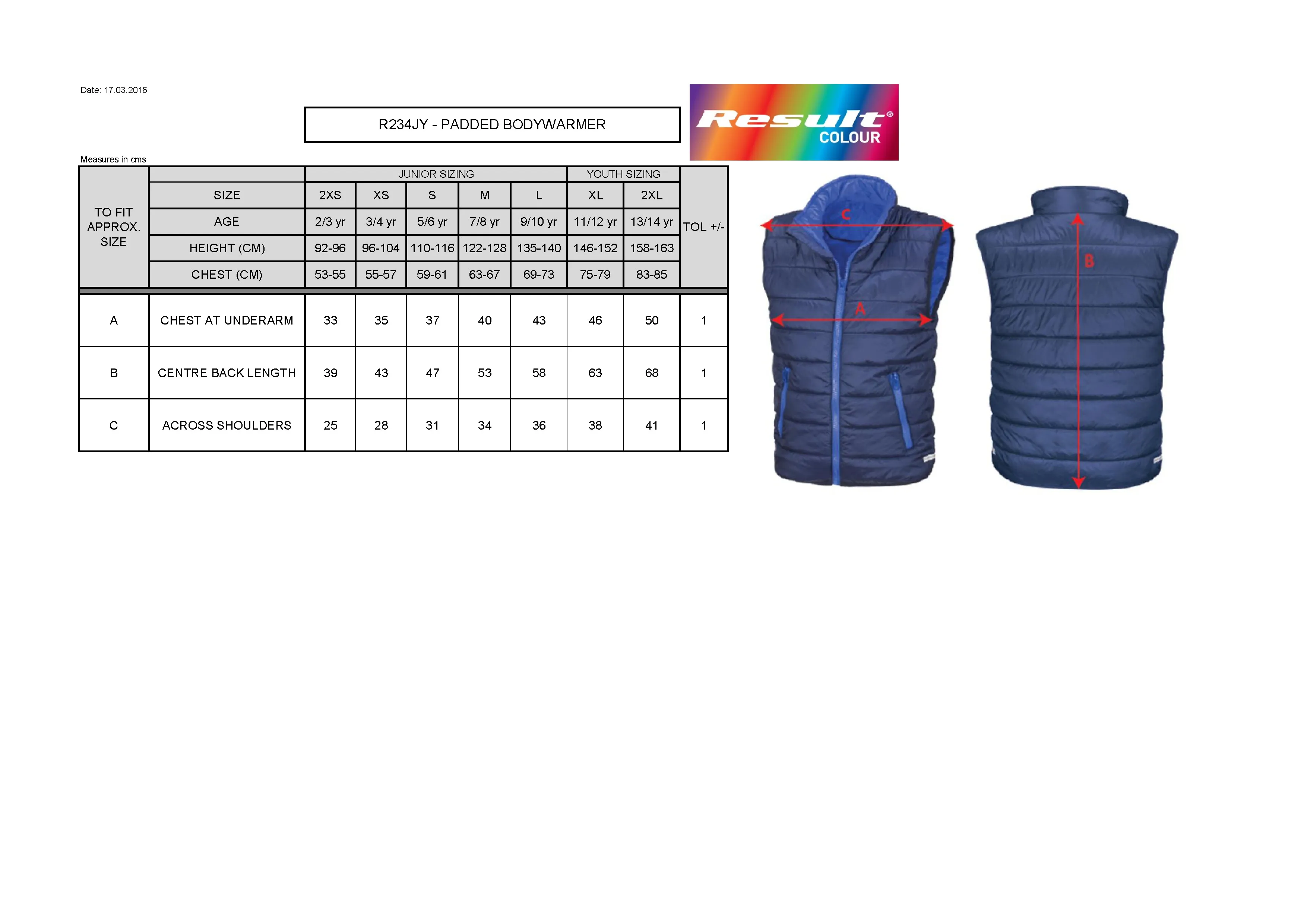Größentabelle für Youth Soft Padded Bodywarmer – RT234Y
