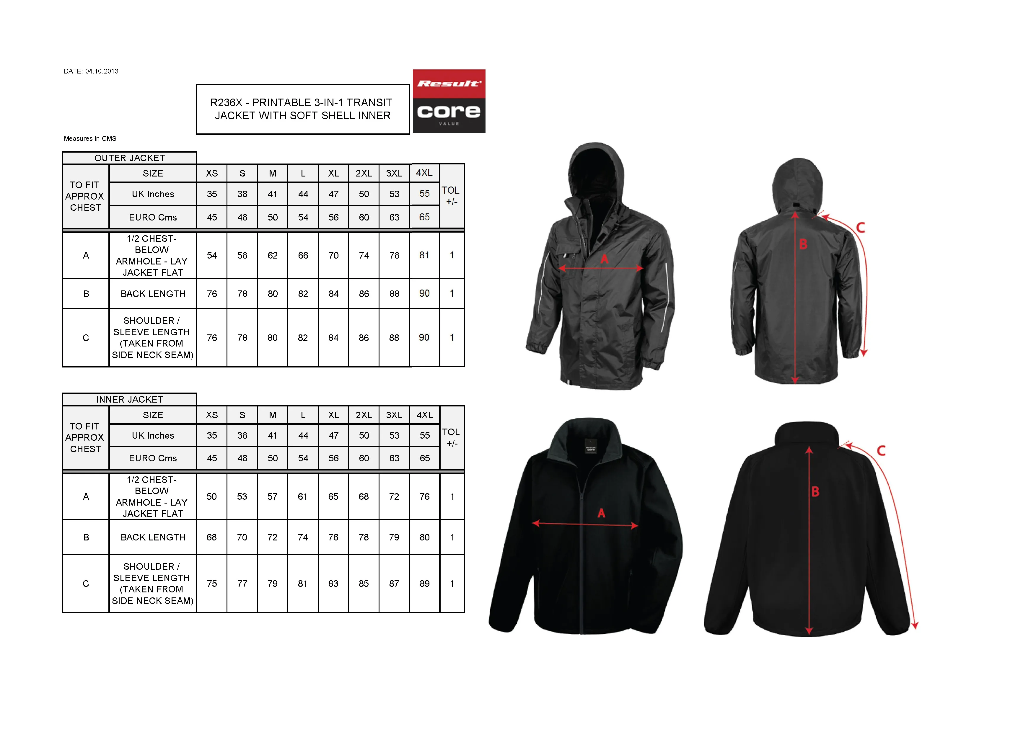 Größentabelle für 3-in-1 Transit Jacket With Printable Softshell Inner – RT236