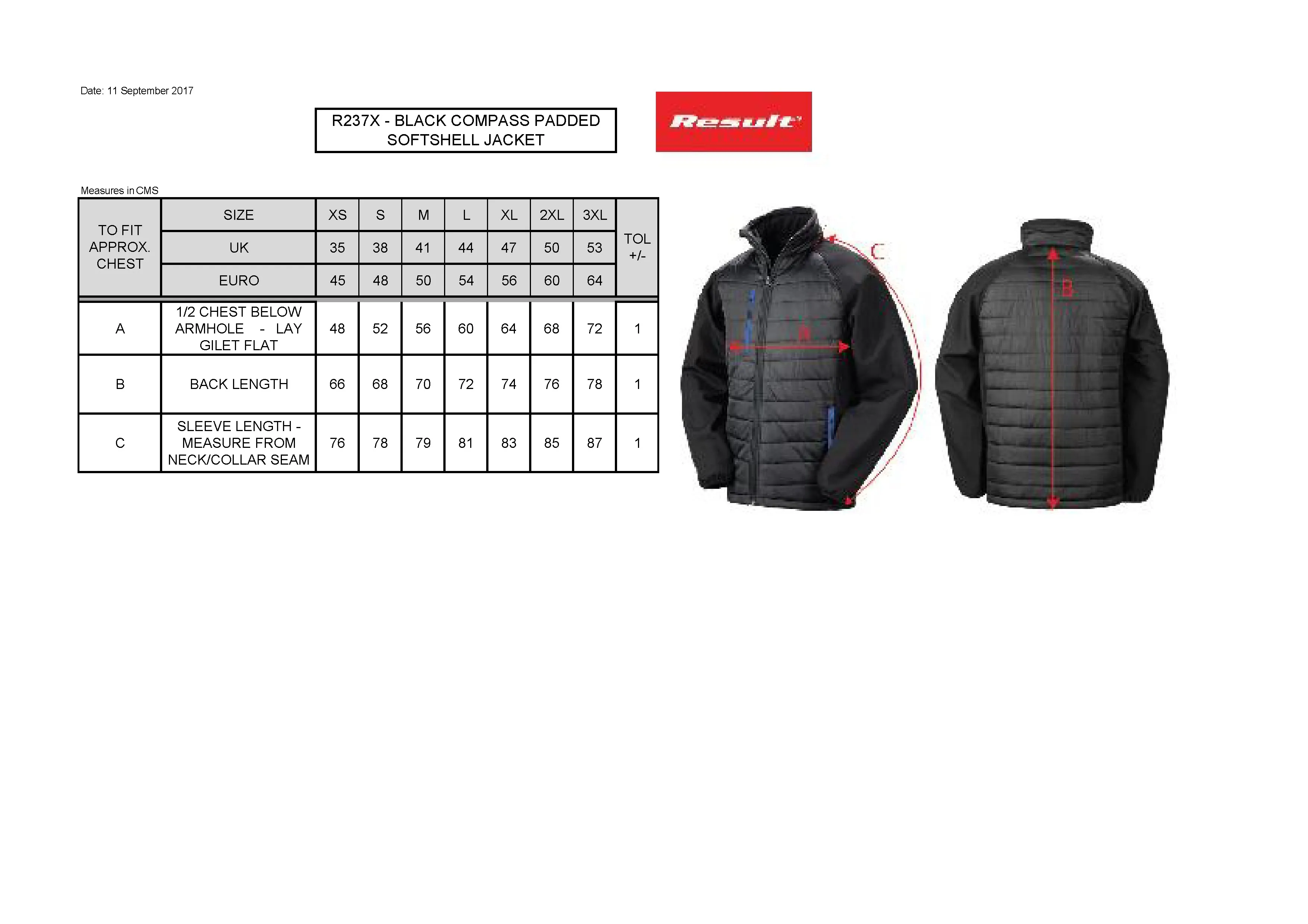 Größentabelle für Recycled Compass Padded Softshell – RT237