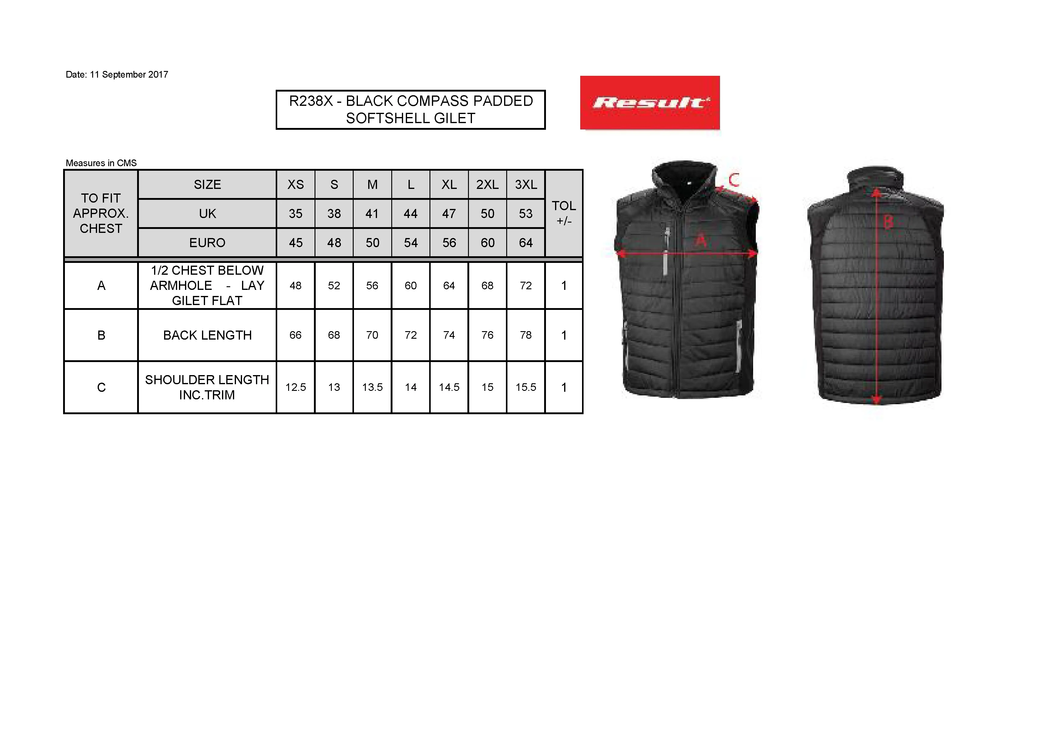 Größentabelle für Recycled Compass Padded Softshell Gilet – RT238