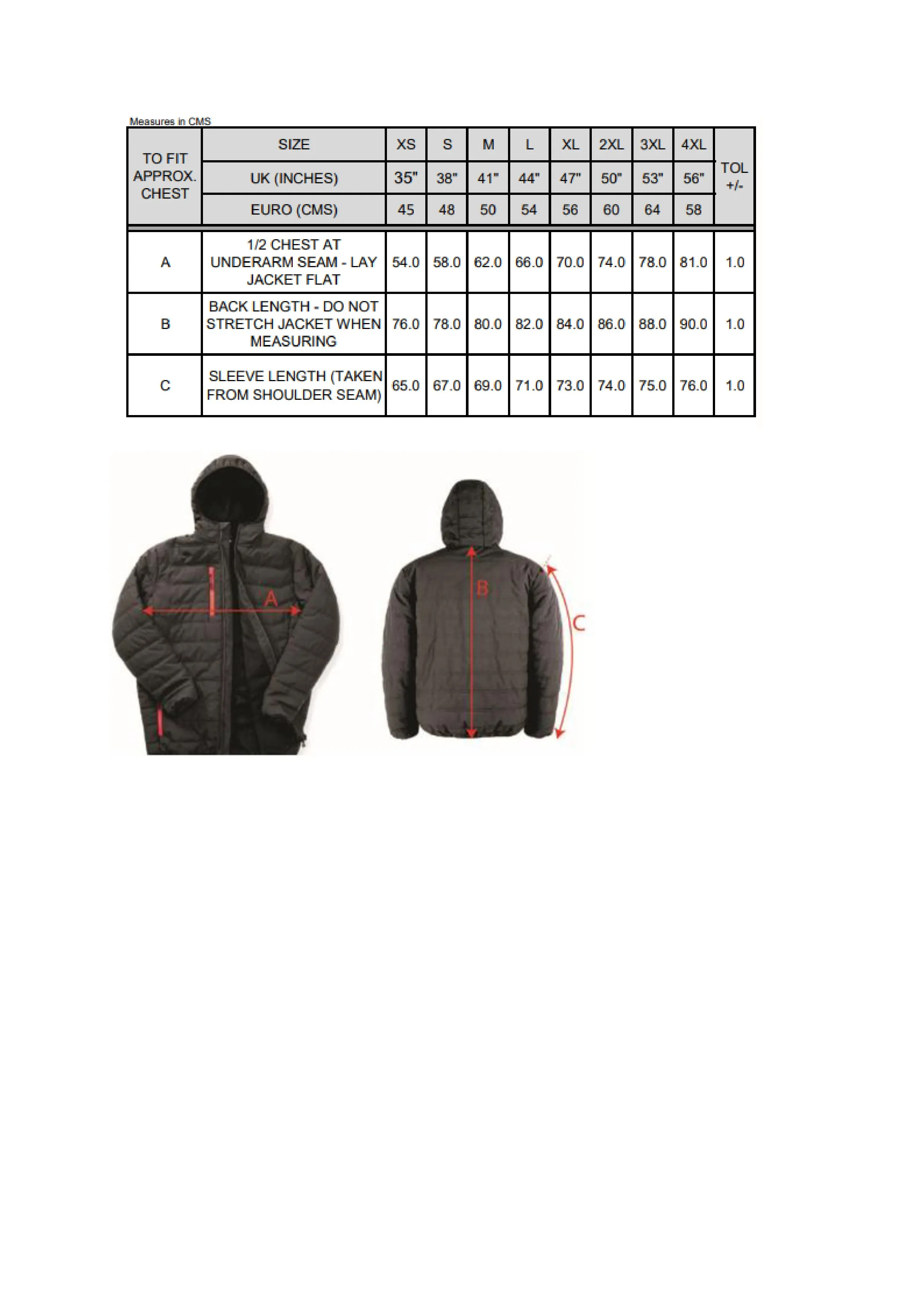 Größentabelle für Recycled Black Compass Padded Winter Jacket – RT240