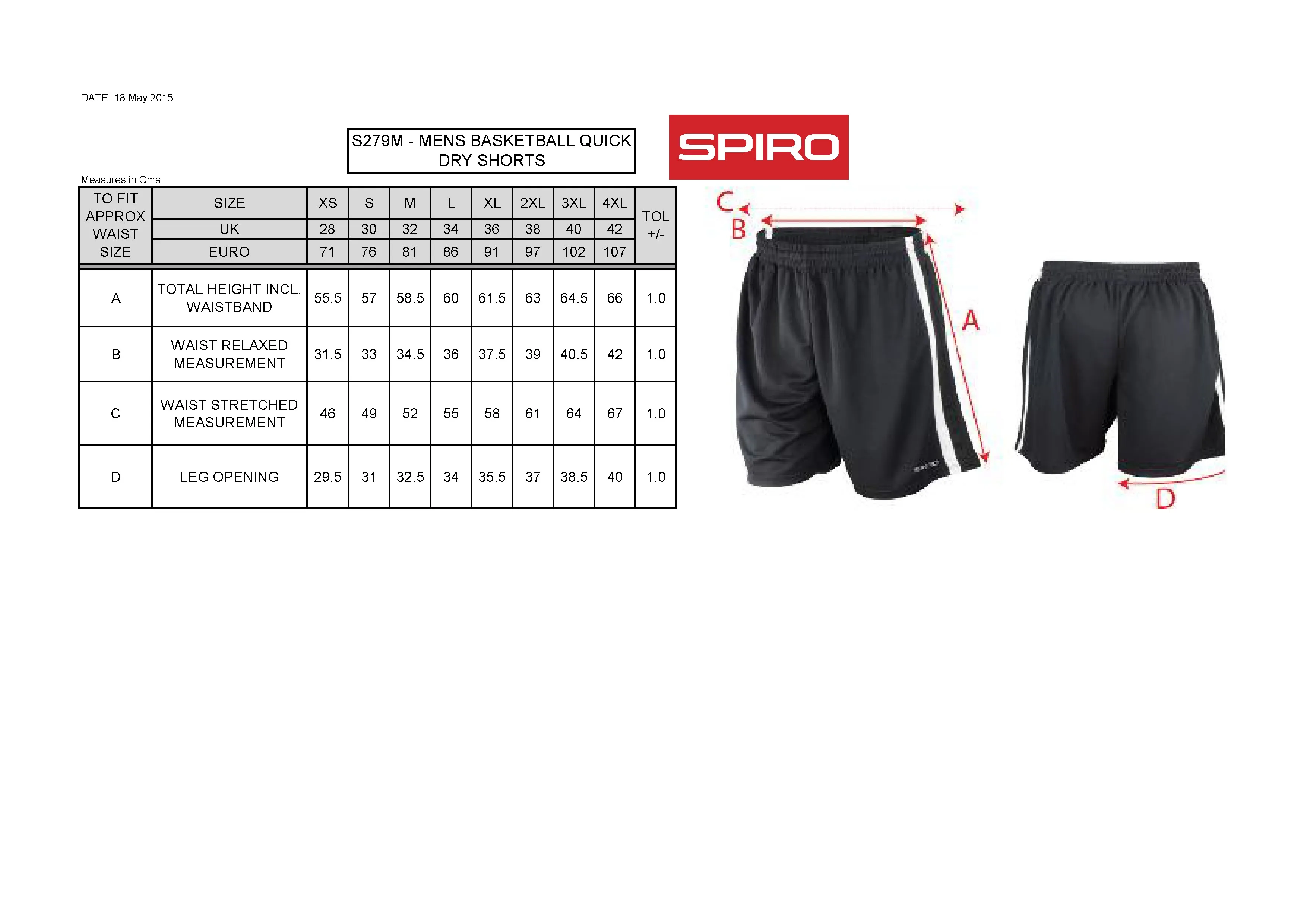 Größentabelle für Men´s Basketball Quick Dry Short – RT279
