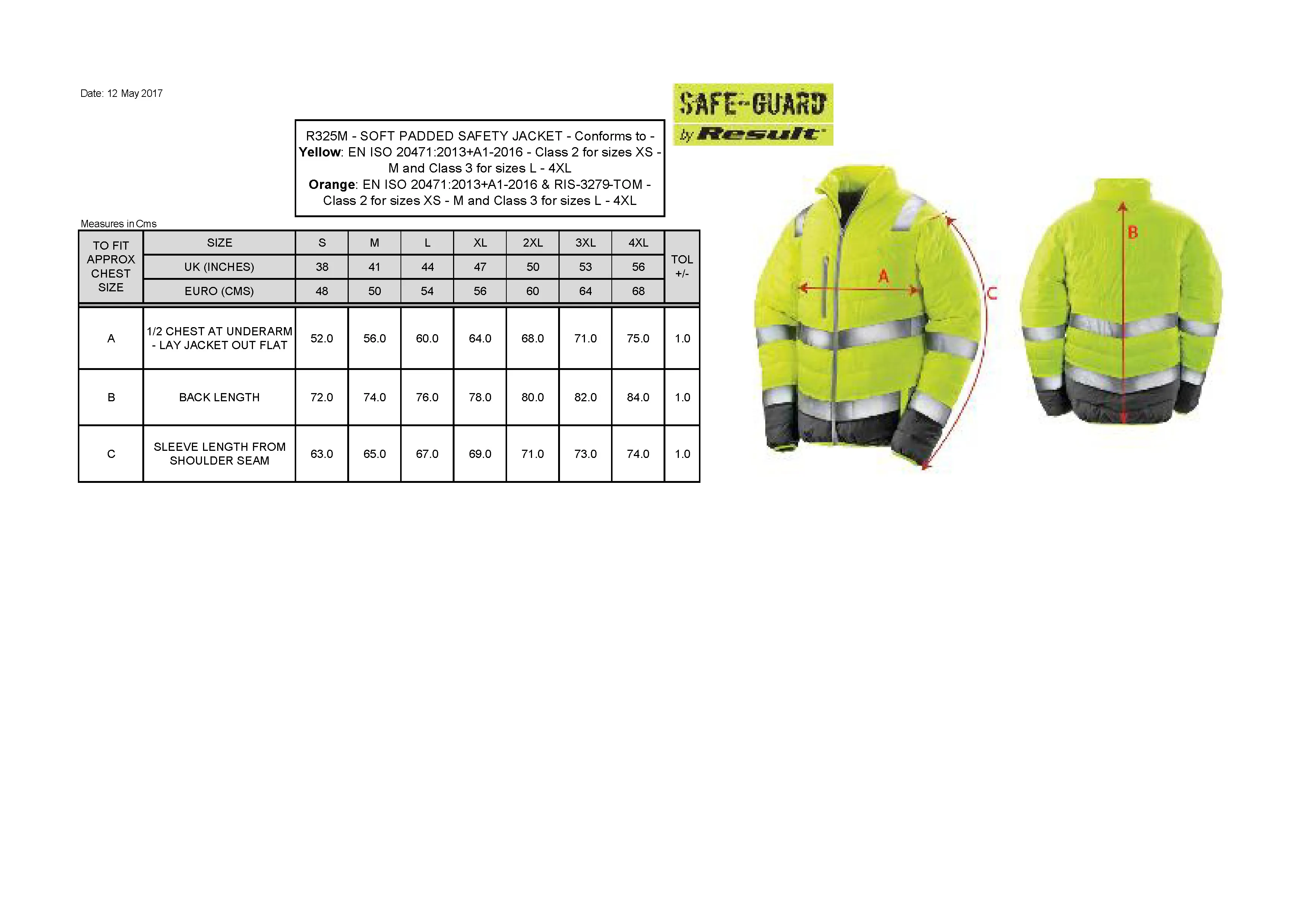 Größentabelle für Men´s Soft Padded Safety Jacket – RT325