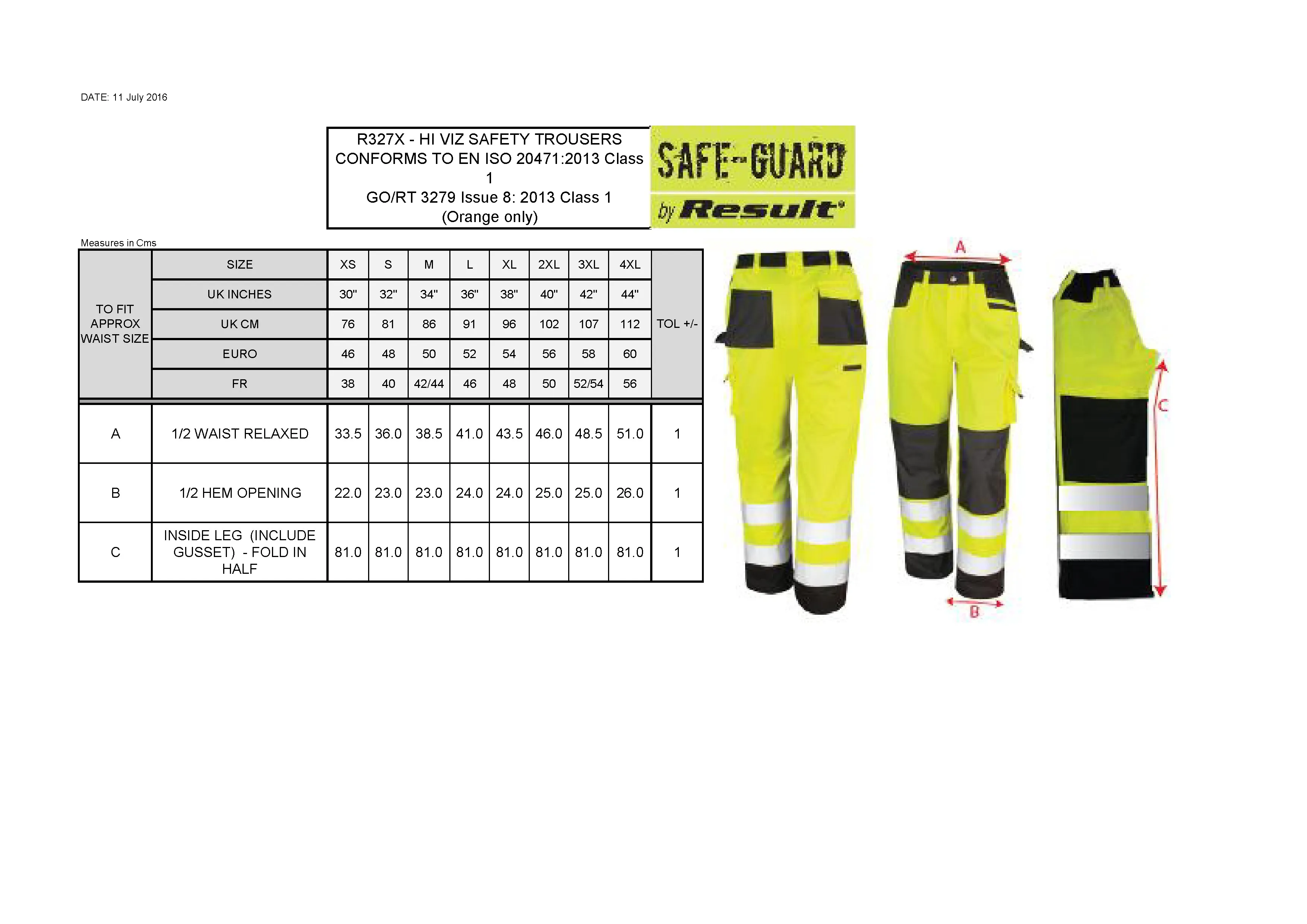 Größentabelle für Safety Cargo Trouser – RT327
