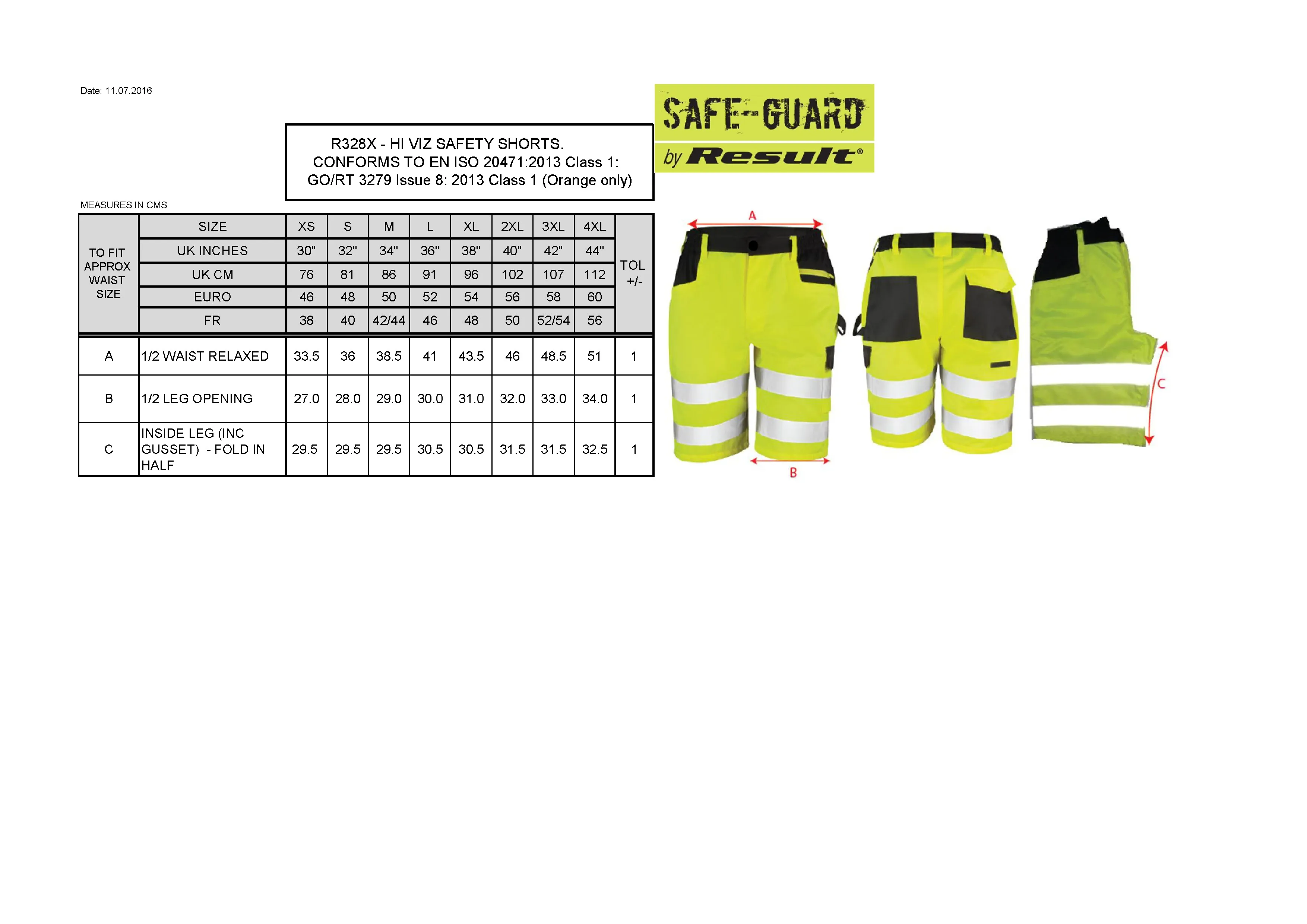 Größentabelle für Safety Cargo Shorts – RT328