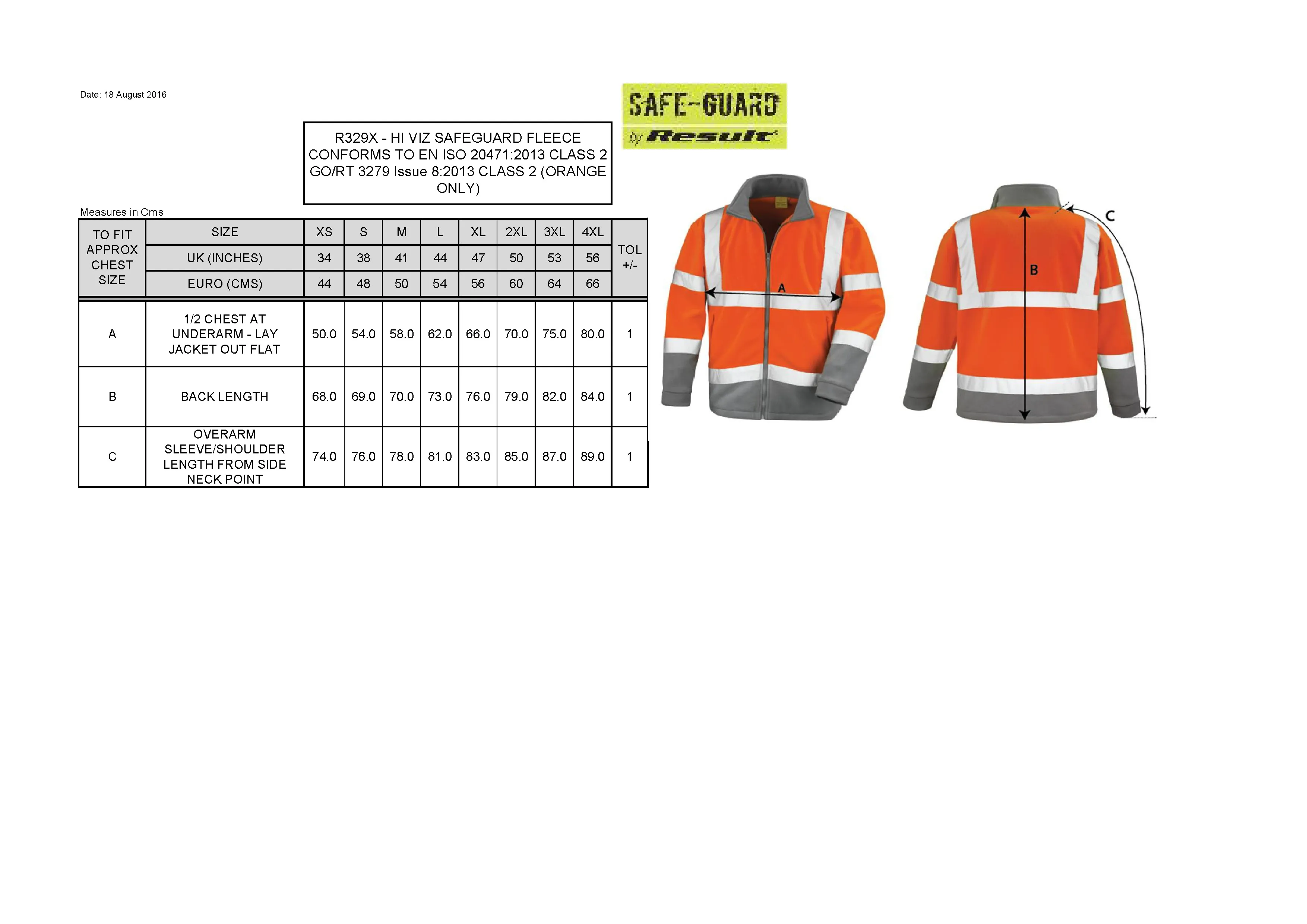 Größentabelle für Safety Microfleece Jacket – RT329