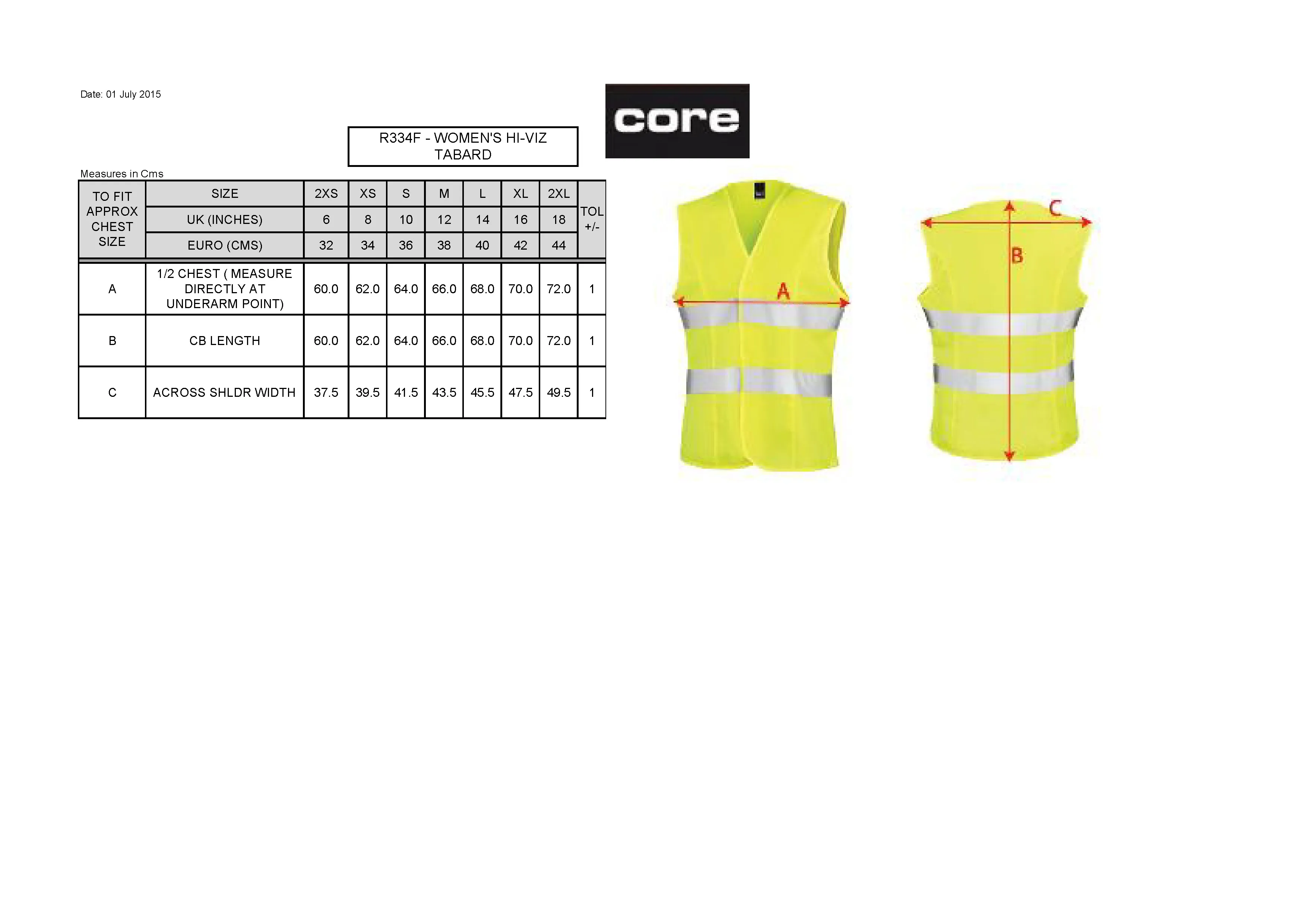 Größentabelle für Women´s Enhanced Visibility Fitted Tabard – RT334F