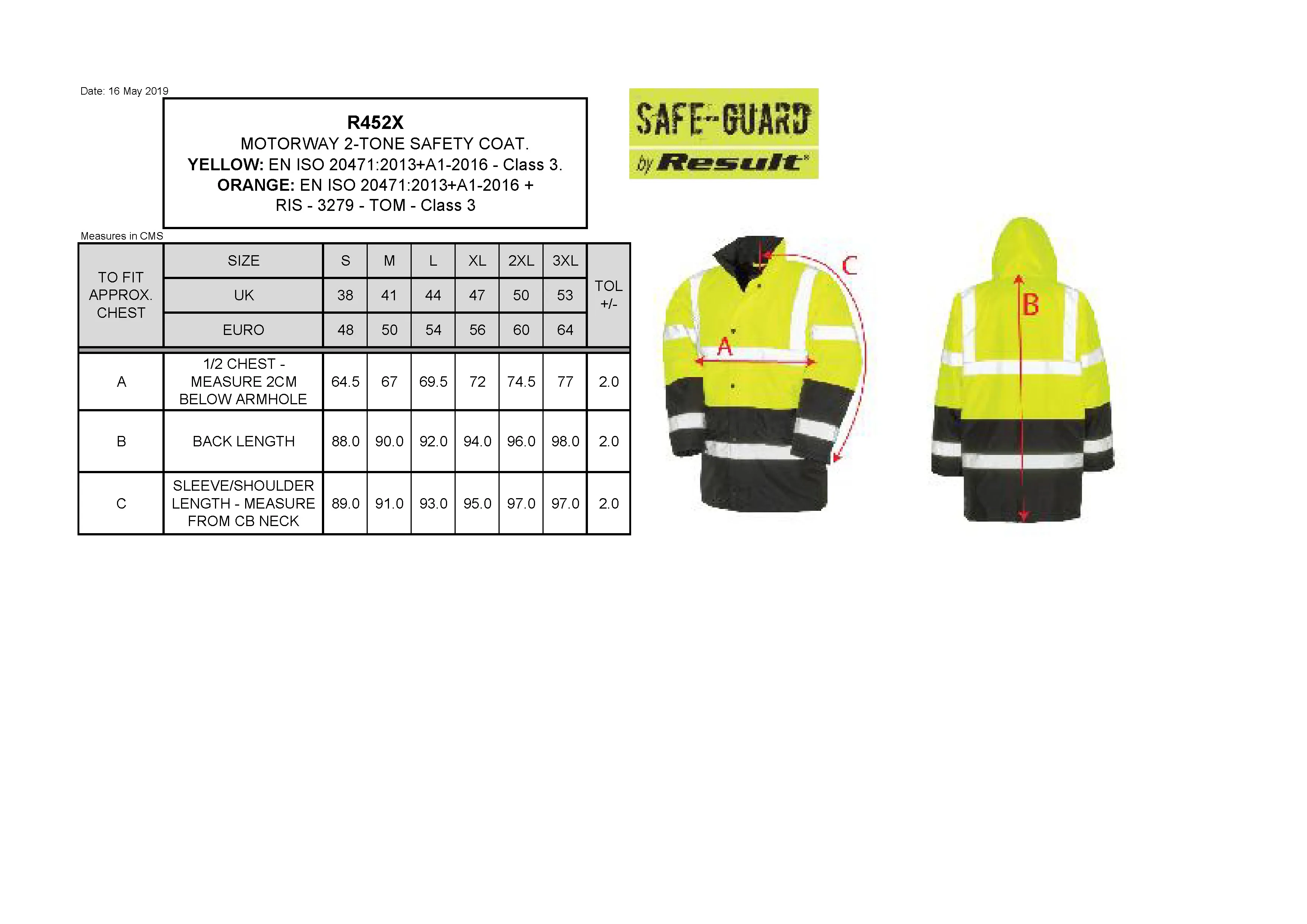Größentabelle für Motorway 2-Tone Safety Coat – RT452