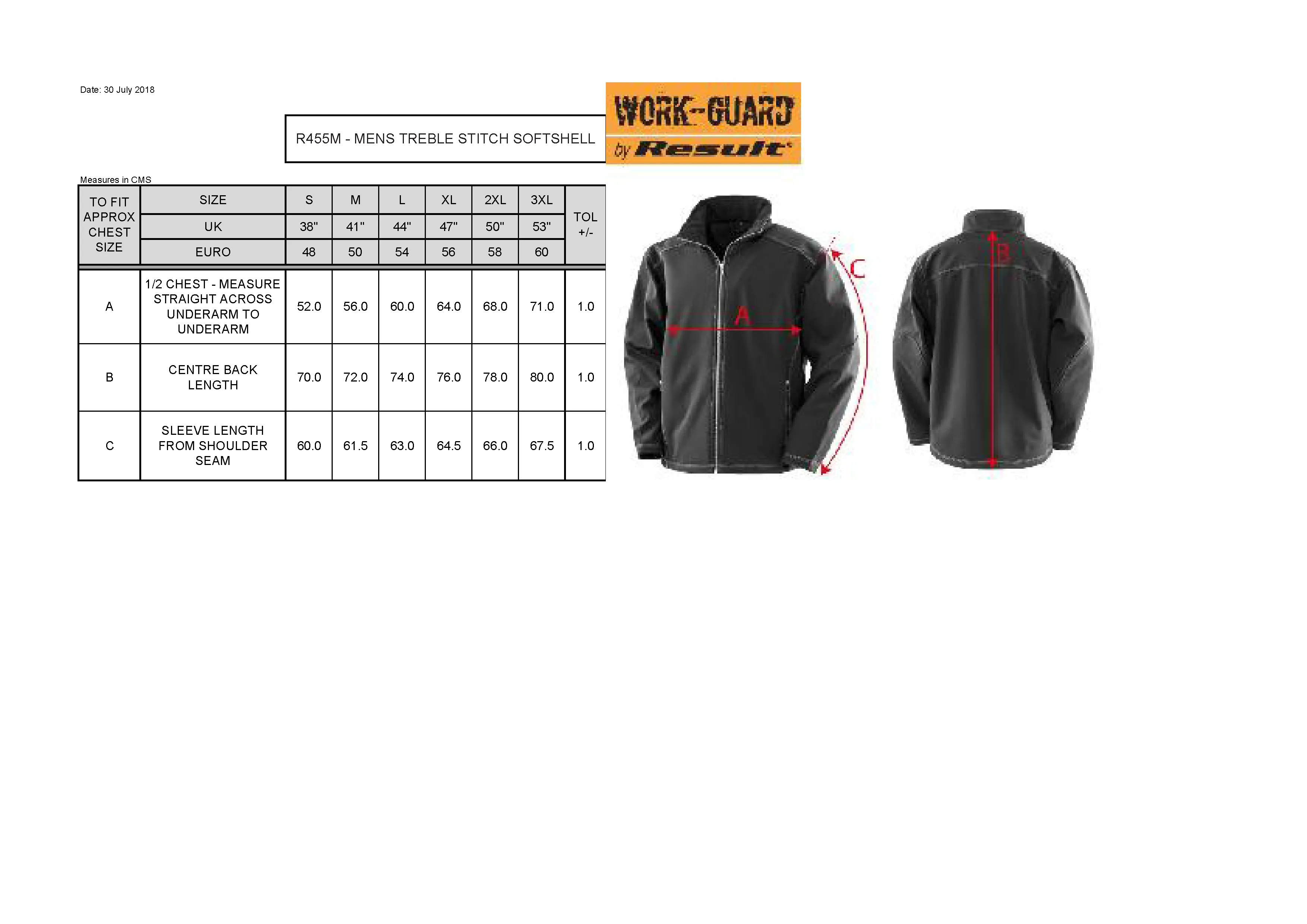 Größentabelle für Men´s Treble Stitch Softshell Jacket – RT455M