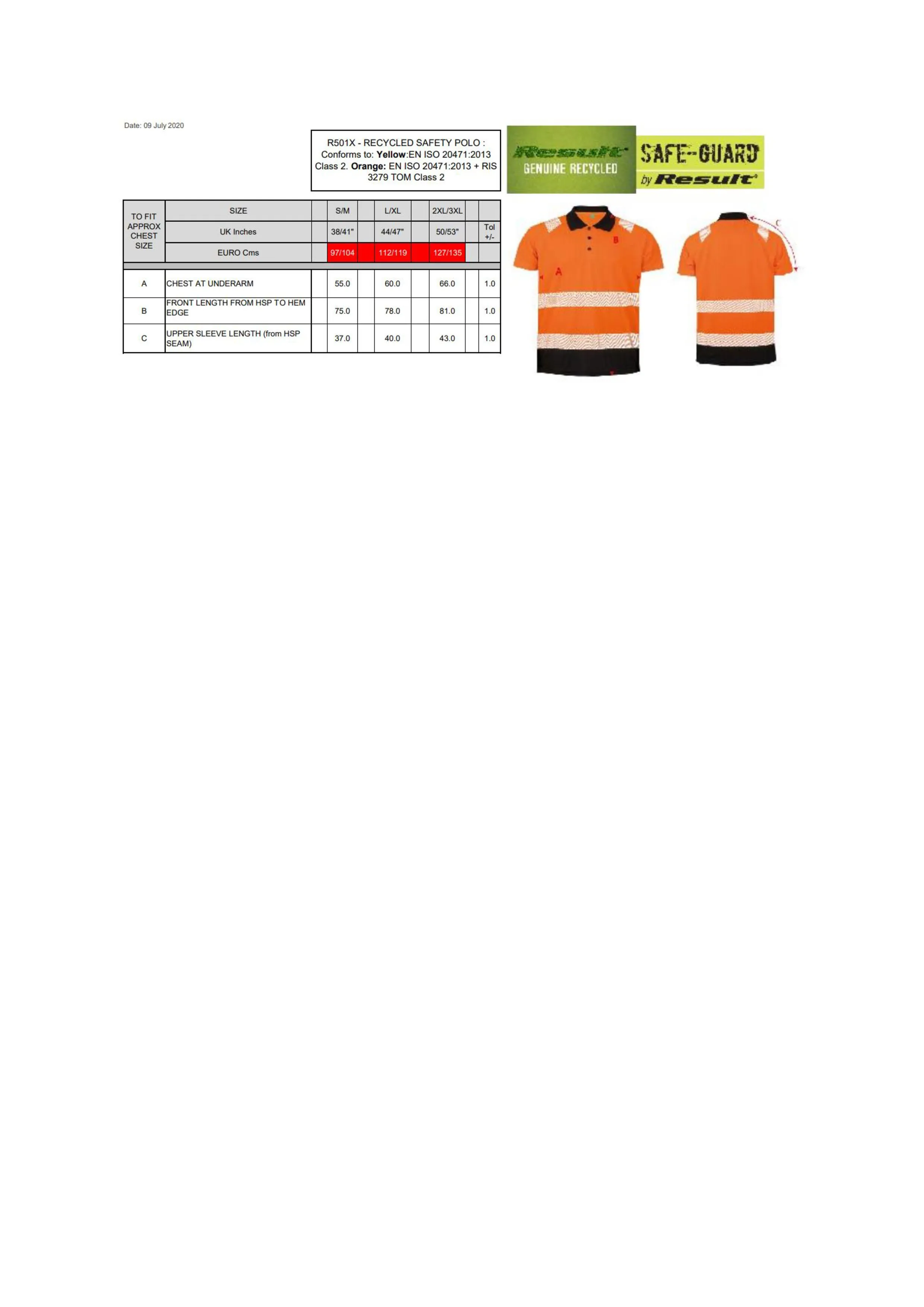 Größentabelle für Recycled Safety Polo Shirt – RT501