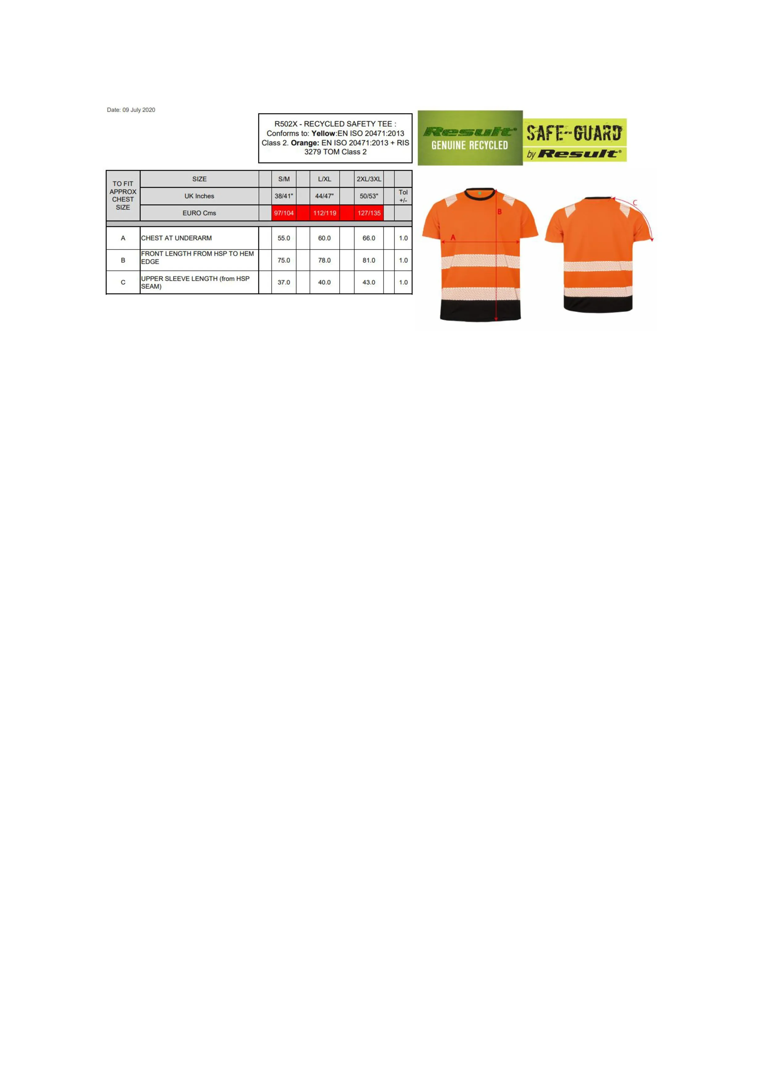 Größentabelle für Recycled Safety T-Shirt – RT502