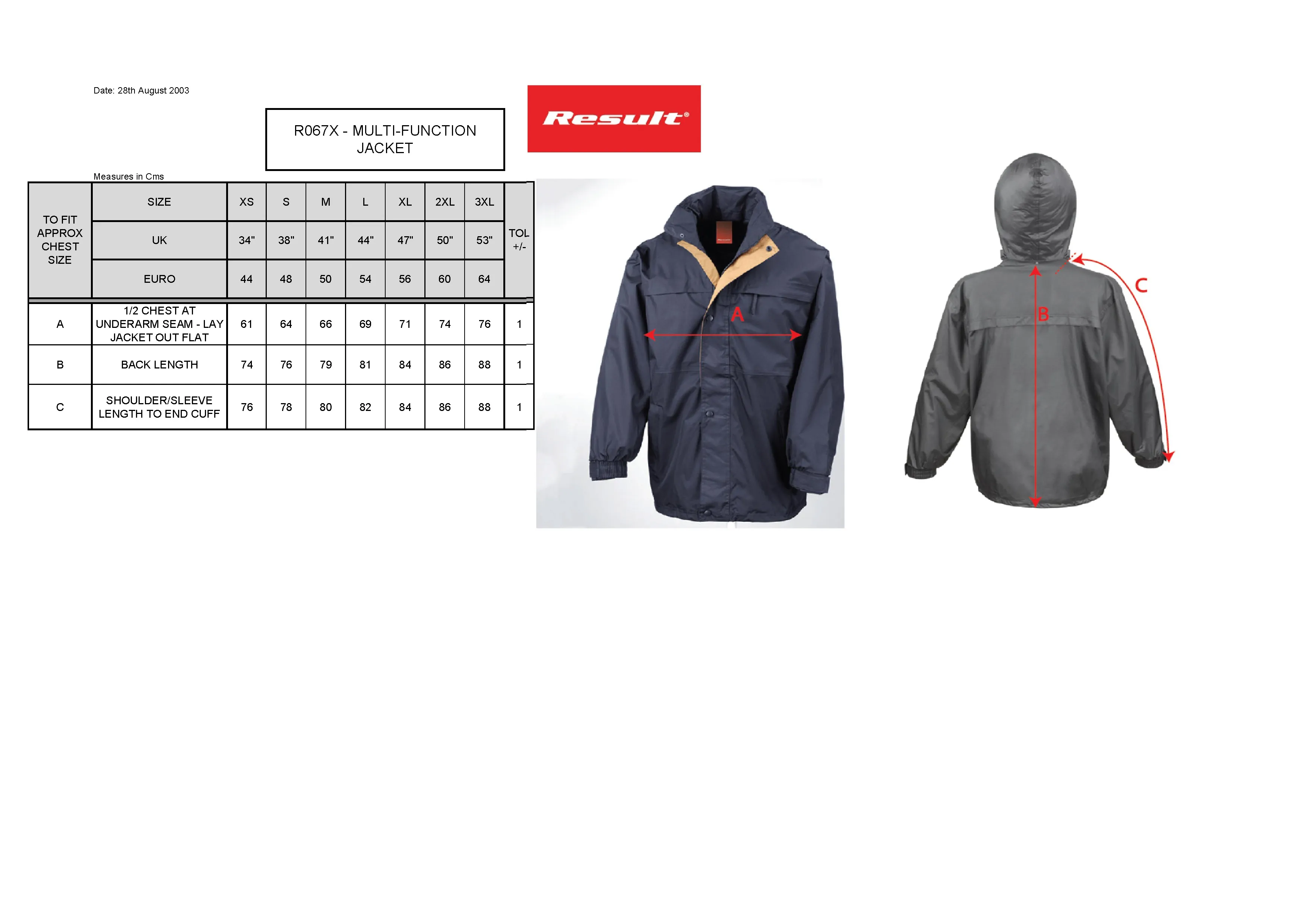 Größentabelle für Multi-Function Jacket – RT67