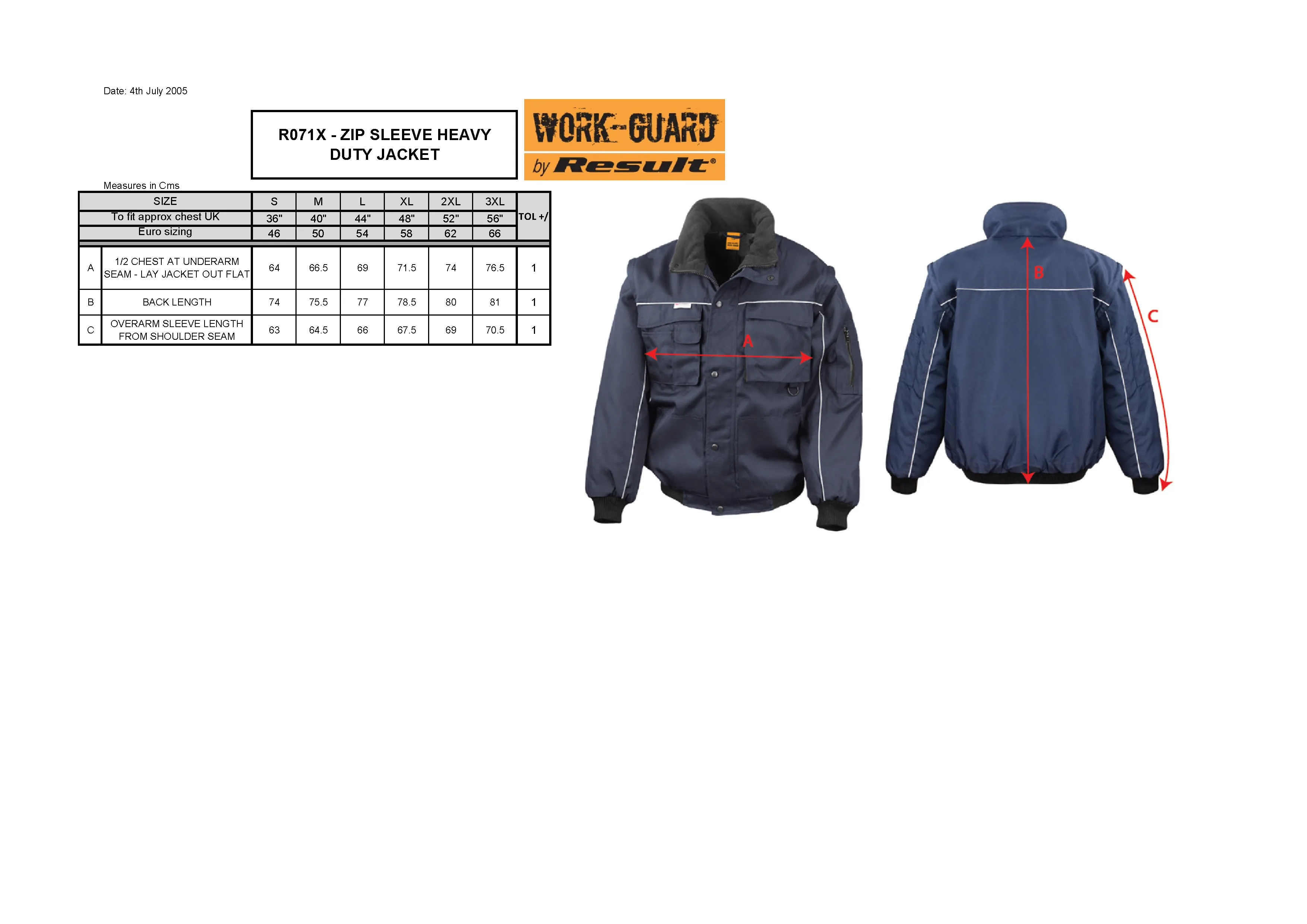 Größentabelle für Zip Sleeve Heavy Duty Jacket – RT71