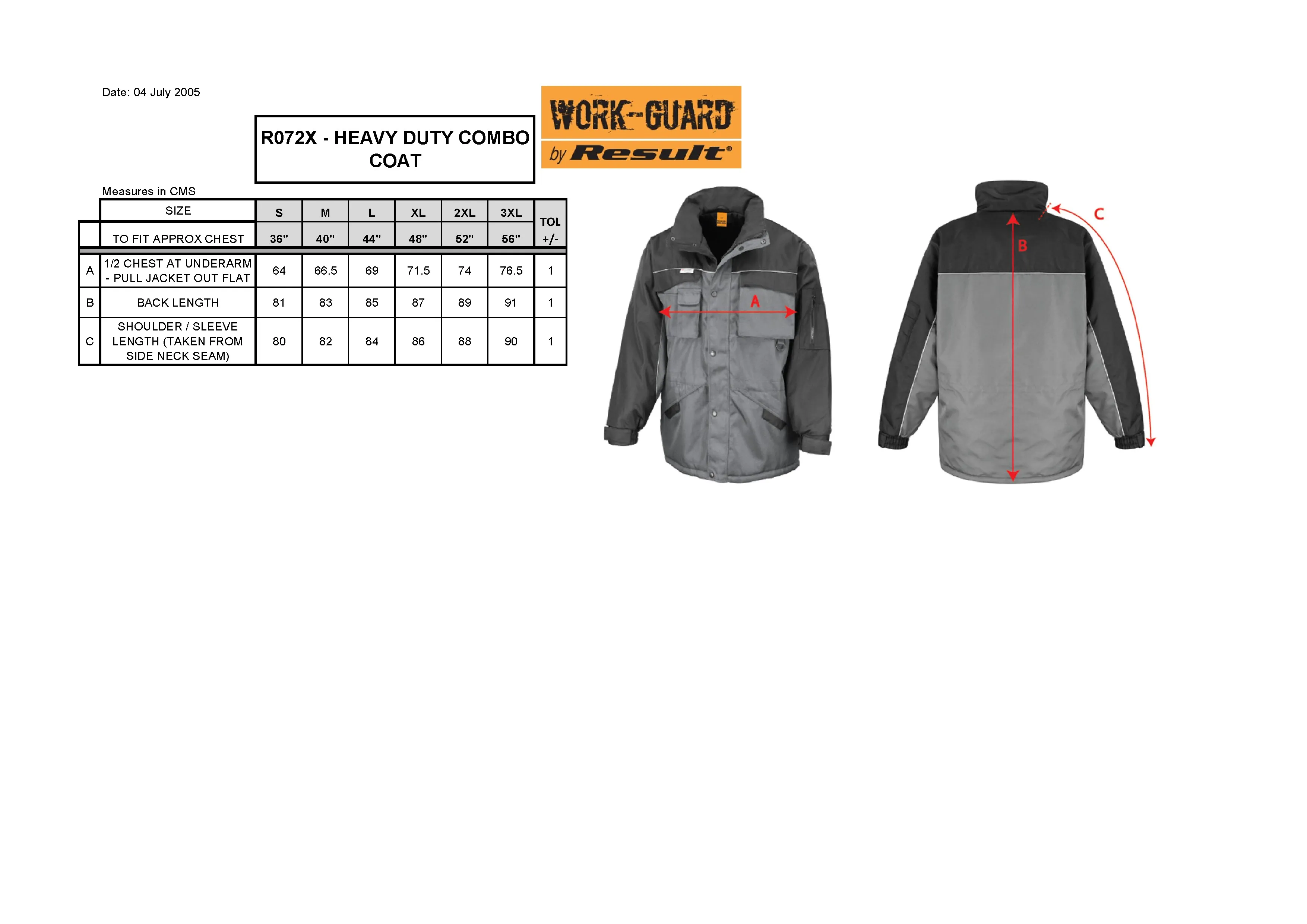 Größentabelle für Heavy Duty Combo Coat – RT72