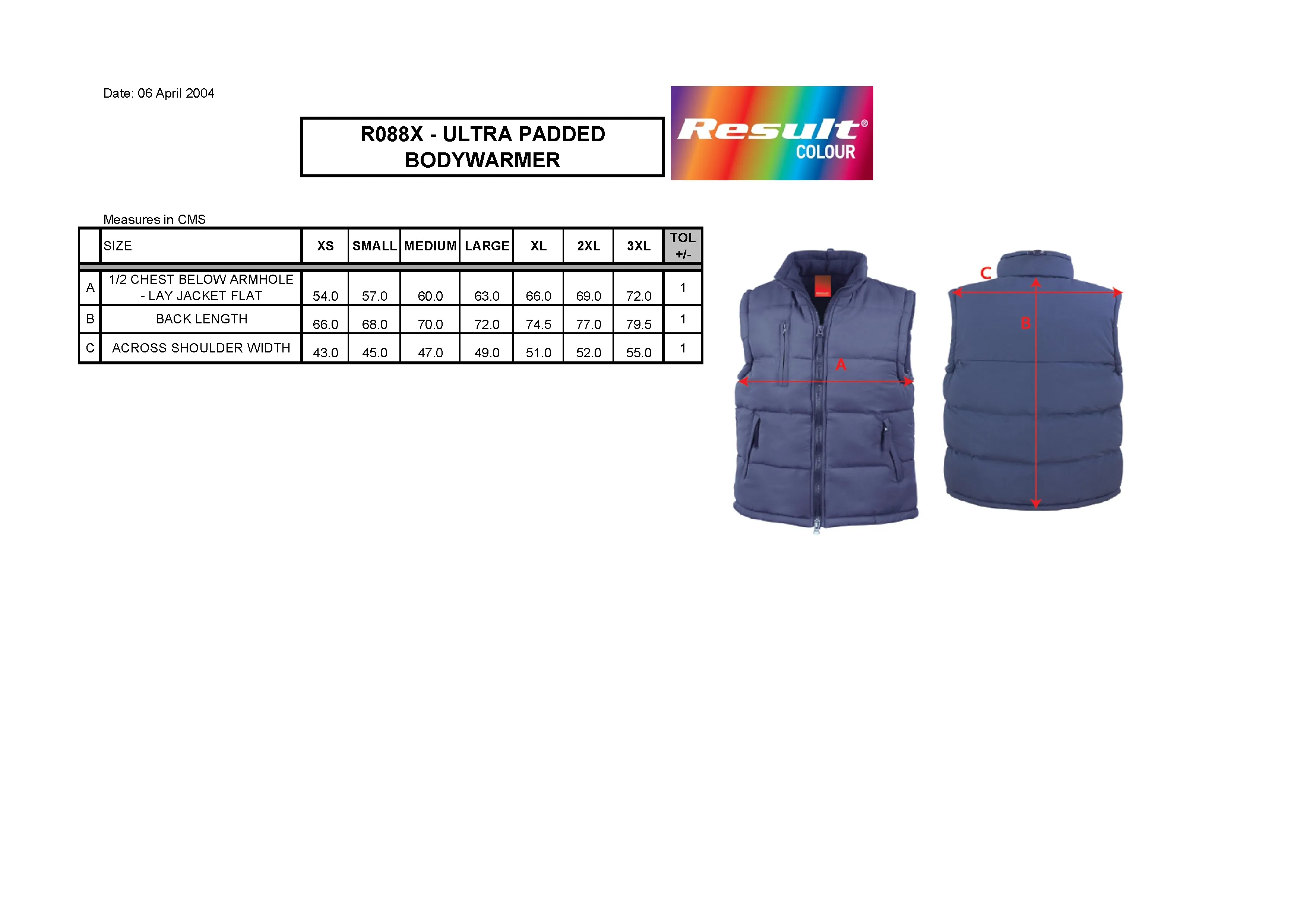 Größentabelle für Ultra Padded Bodywarmer – RT88A