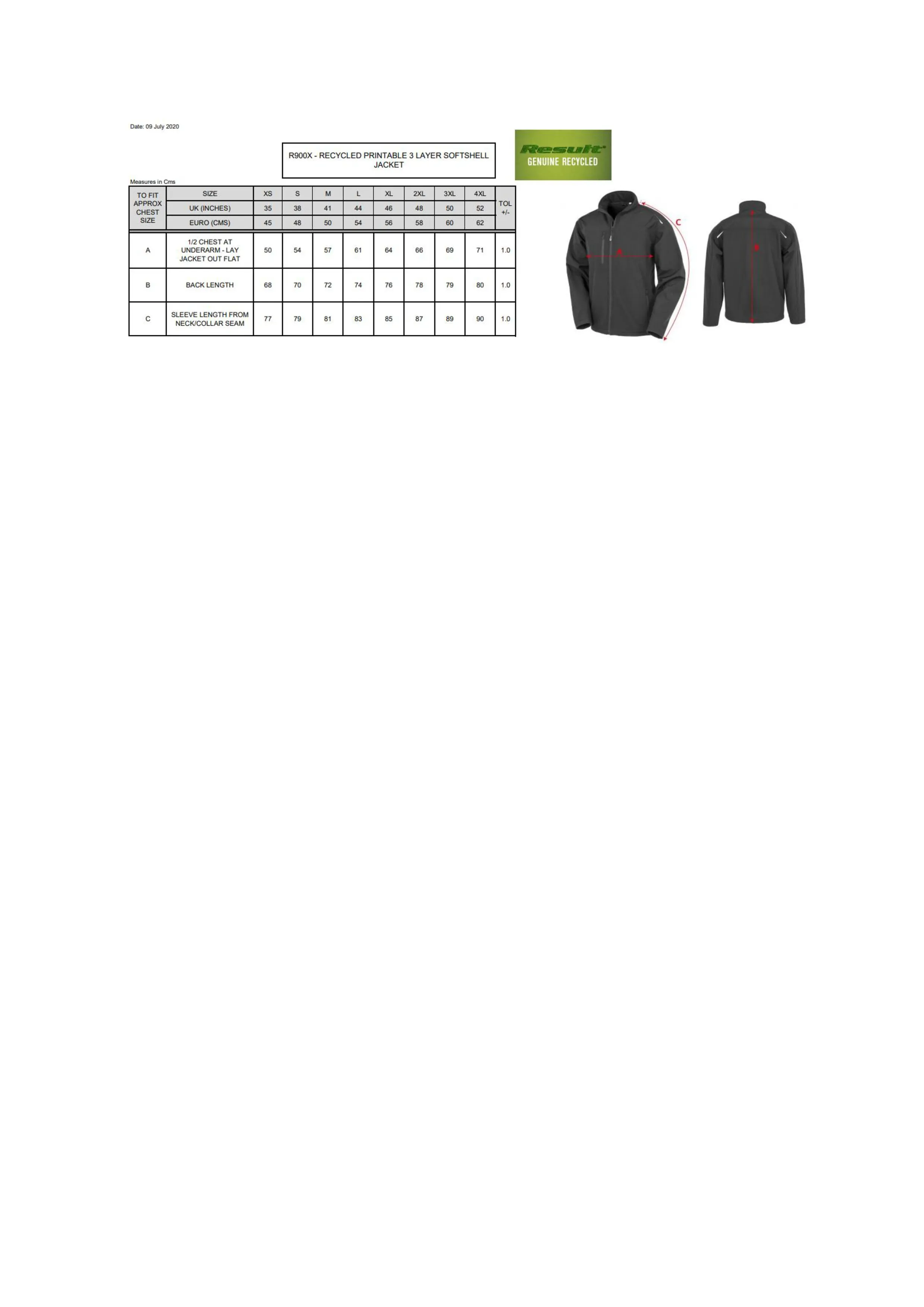 Größentabelle für Recycled 3-Layer Printable Softshell Jacket – RT900