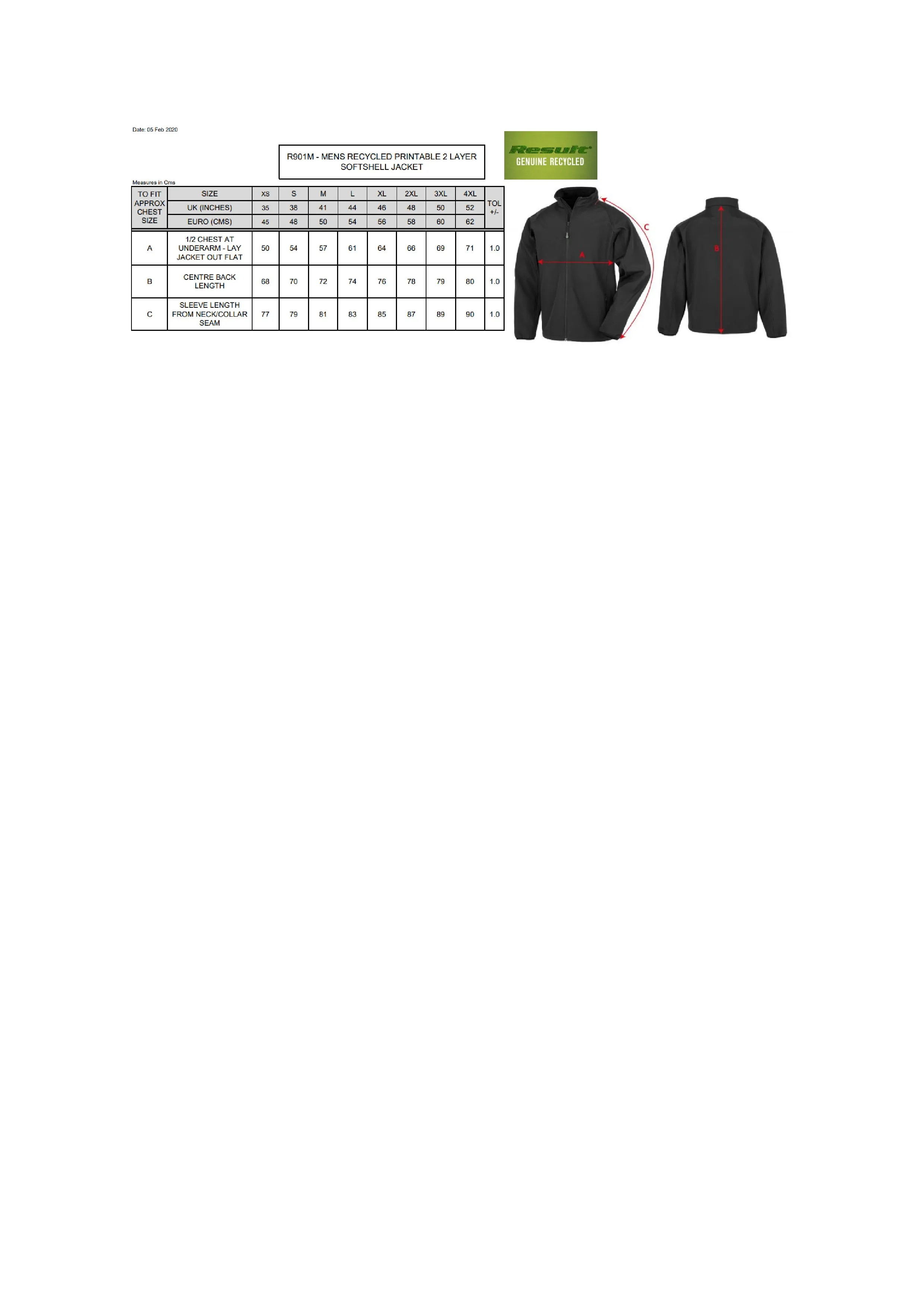 Größentabelle für Men´s Recycled 2-Layer Printable Softshell Jacket – RT901