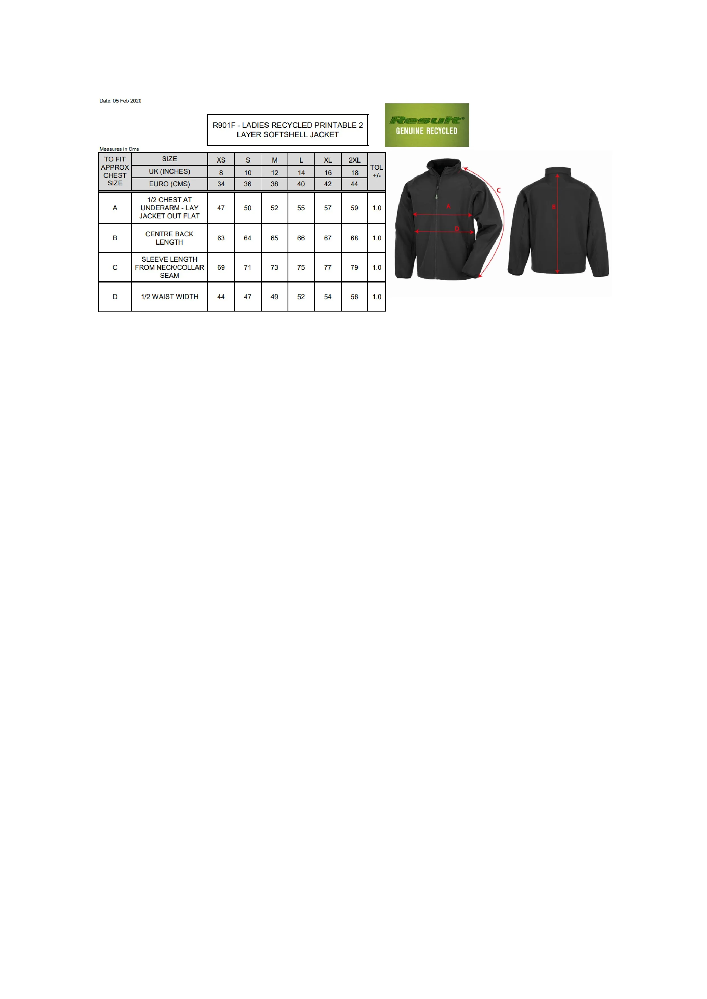 Größentabelle für Women´s Recycled 2-Layer Printable Softshell Jacket – RT901F