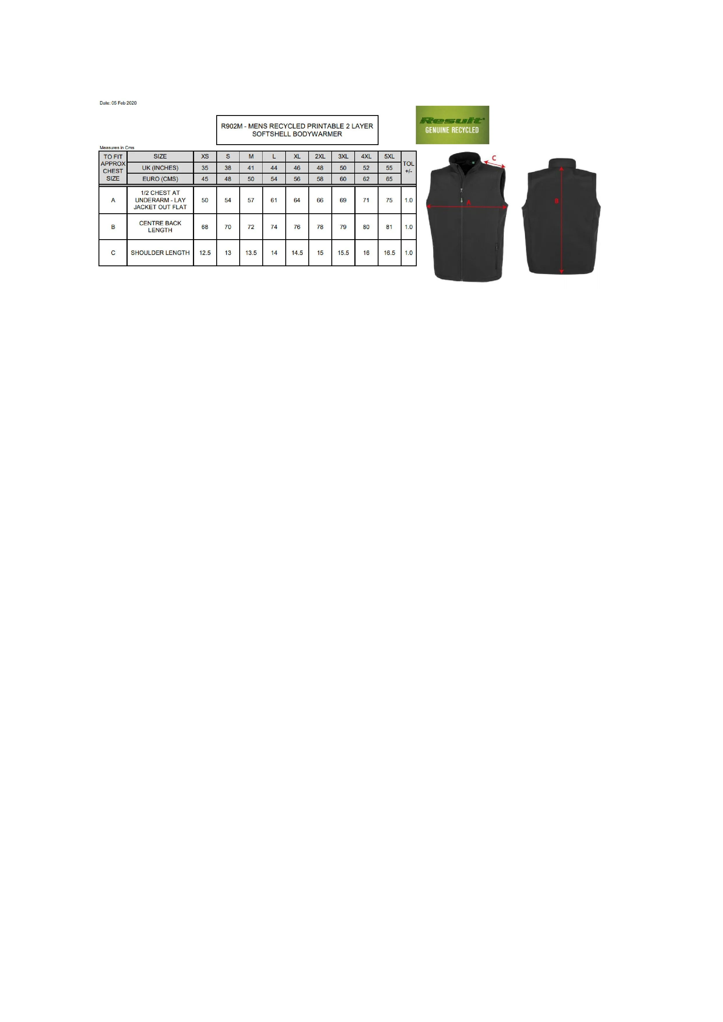 Größentabelle für Men´s Recycled 2-Layer Printable Softshell Bodywarmer – RT902