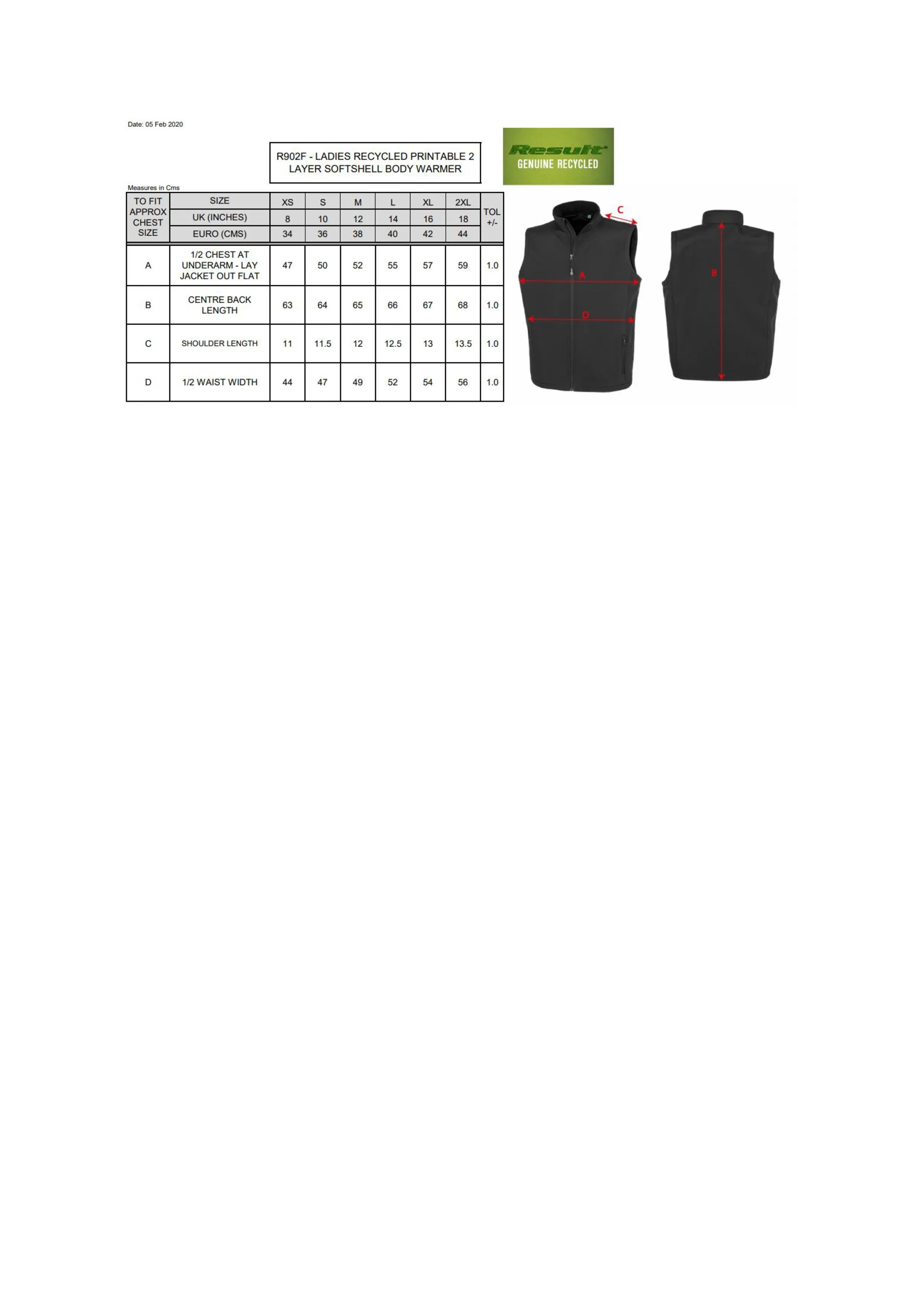 Größentabelle für Women´s Recycled 2-Layer Printable Softshell Bodywarmer – RT902F