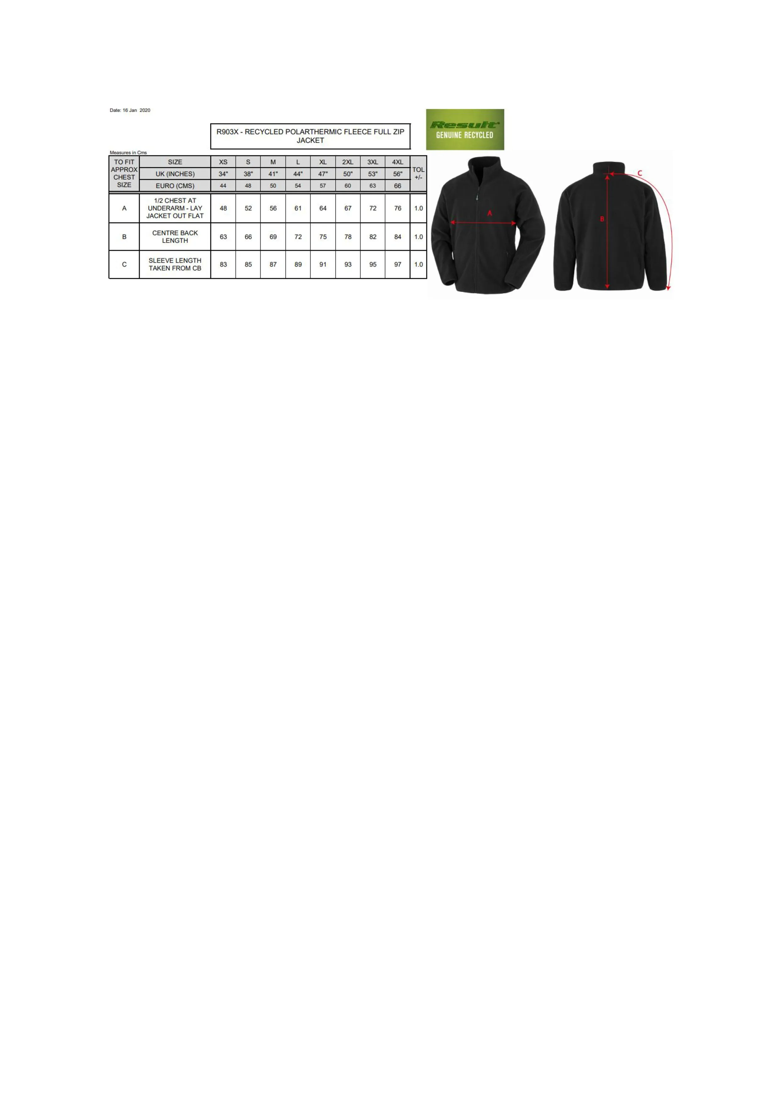 Größentabelle für Recycled Fleece Polarthermic Jacket – RT903