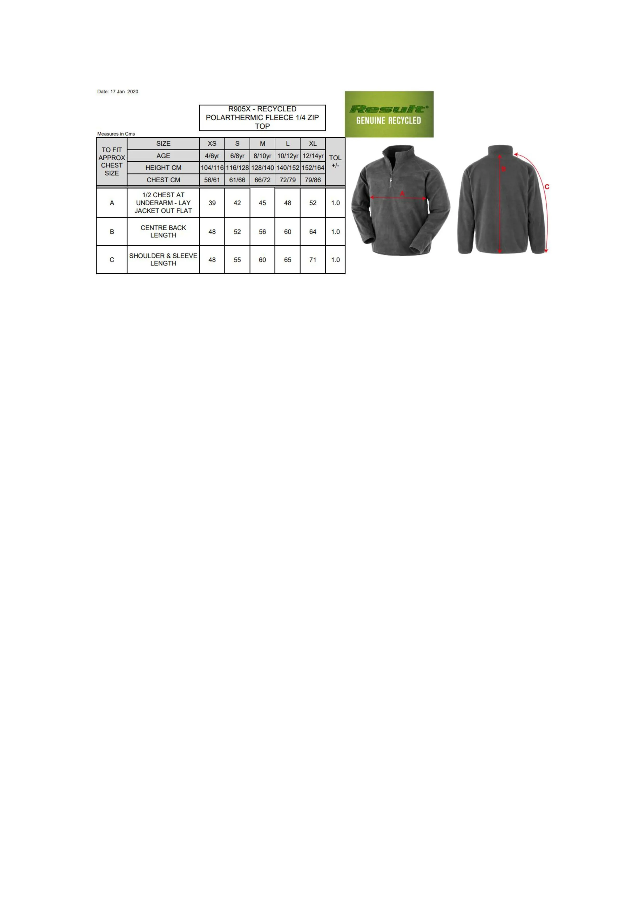Größentabelle für Junior Recycled Microfleece Top – RT905J
