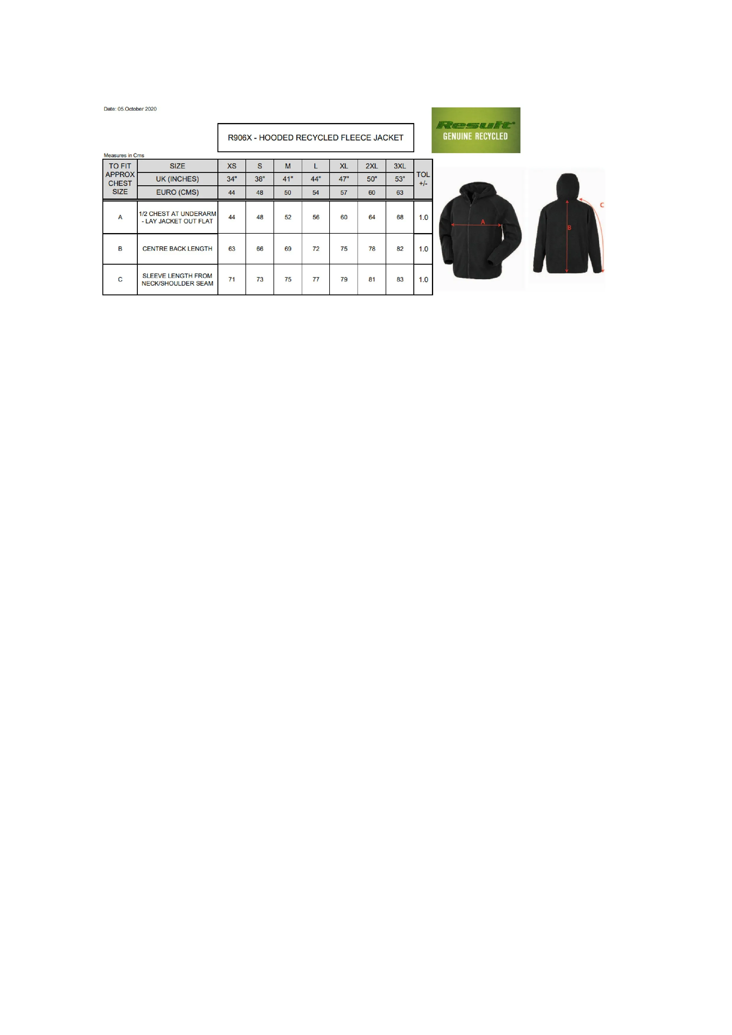 Größentabelle für Recycled Hooded Microfleece Jacket – RT906