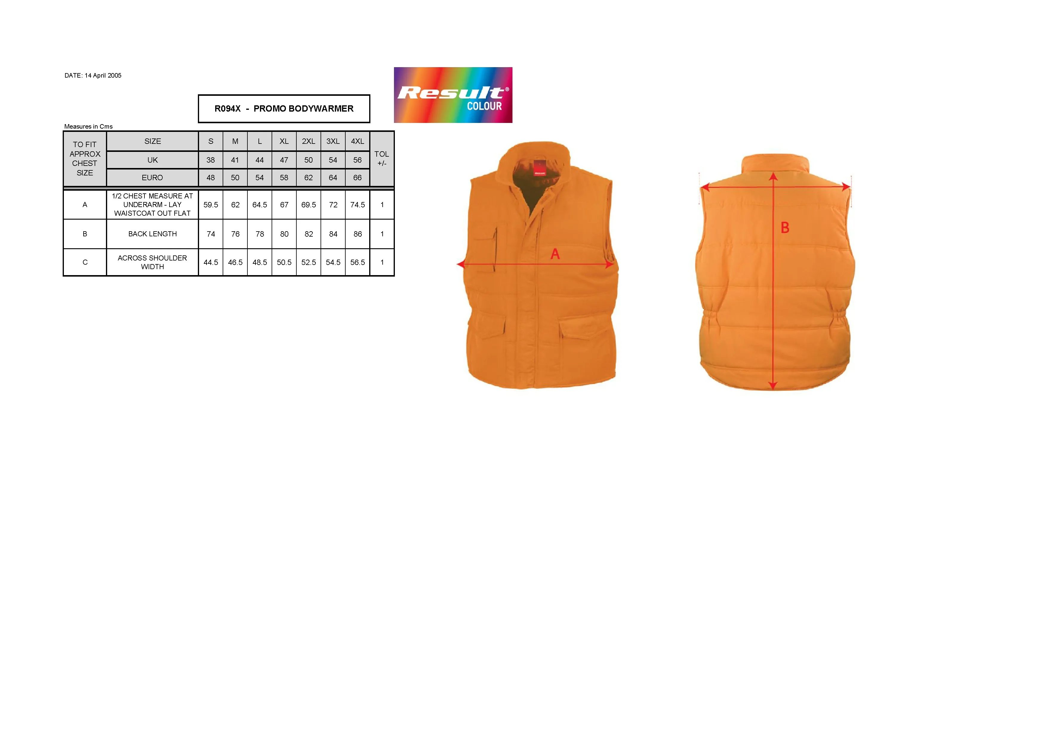Größentabelle für Promo Bodywarmer – RT94