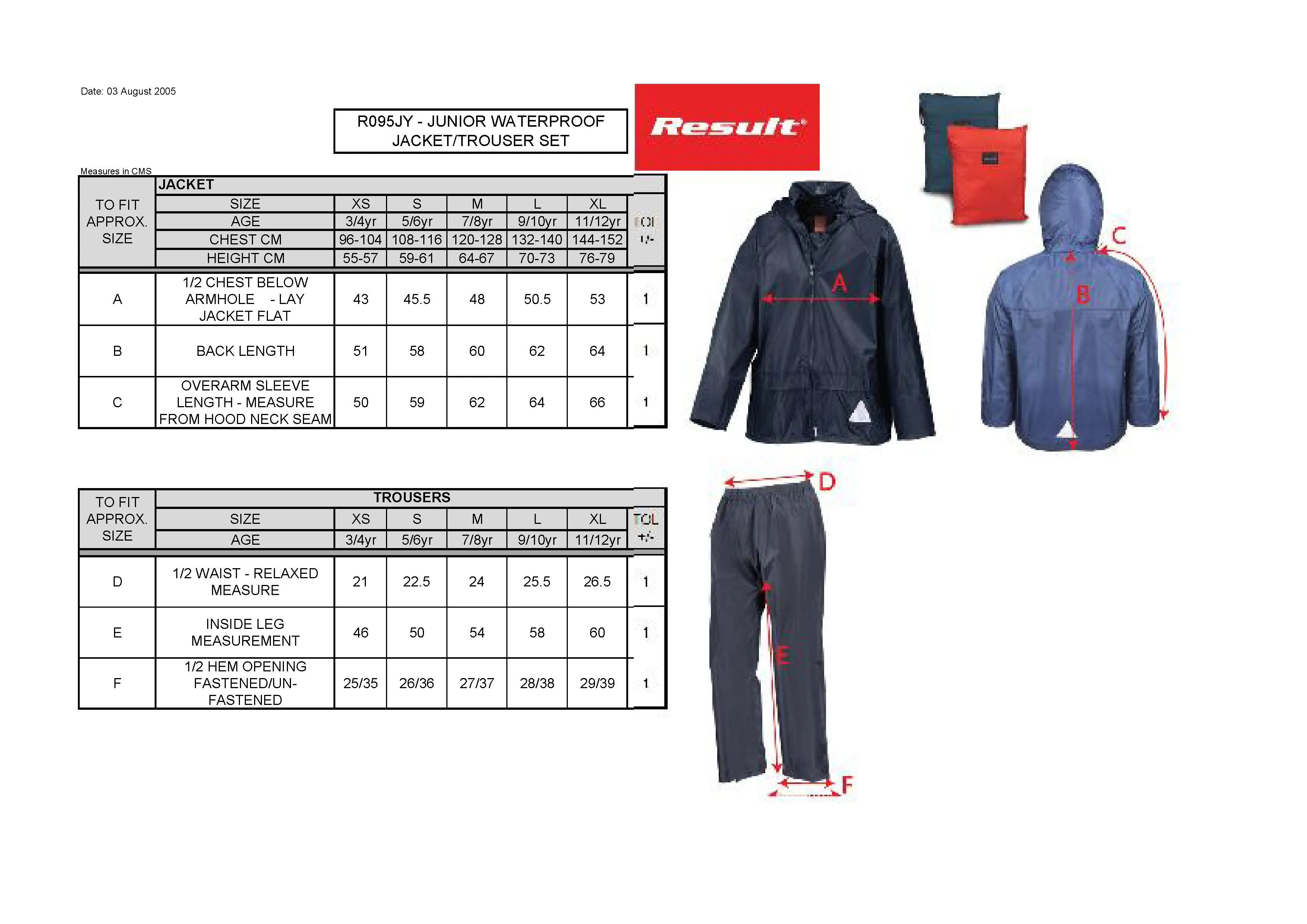 Größentabelle für Junior Waterproof Jacket & Trouser Set – RT95J