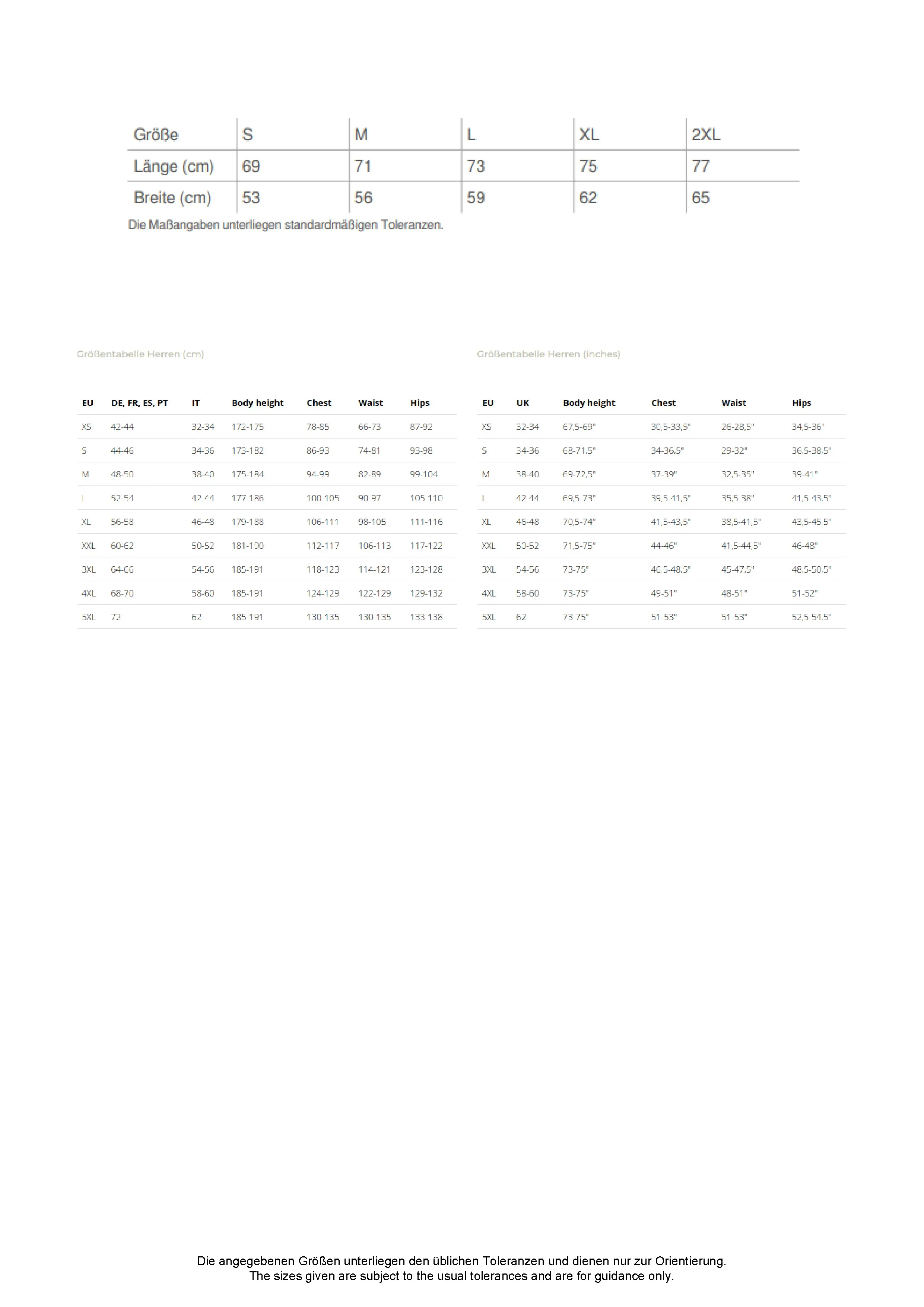 Größentabelle für Power Fleece Jacket – S5040