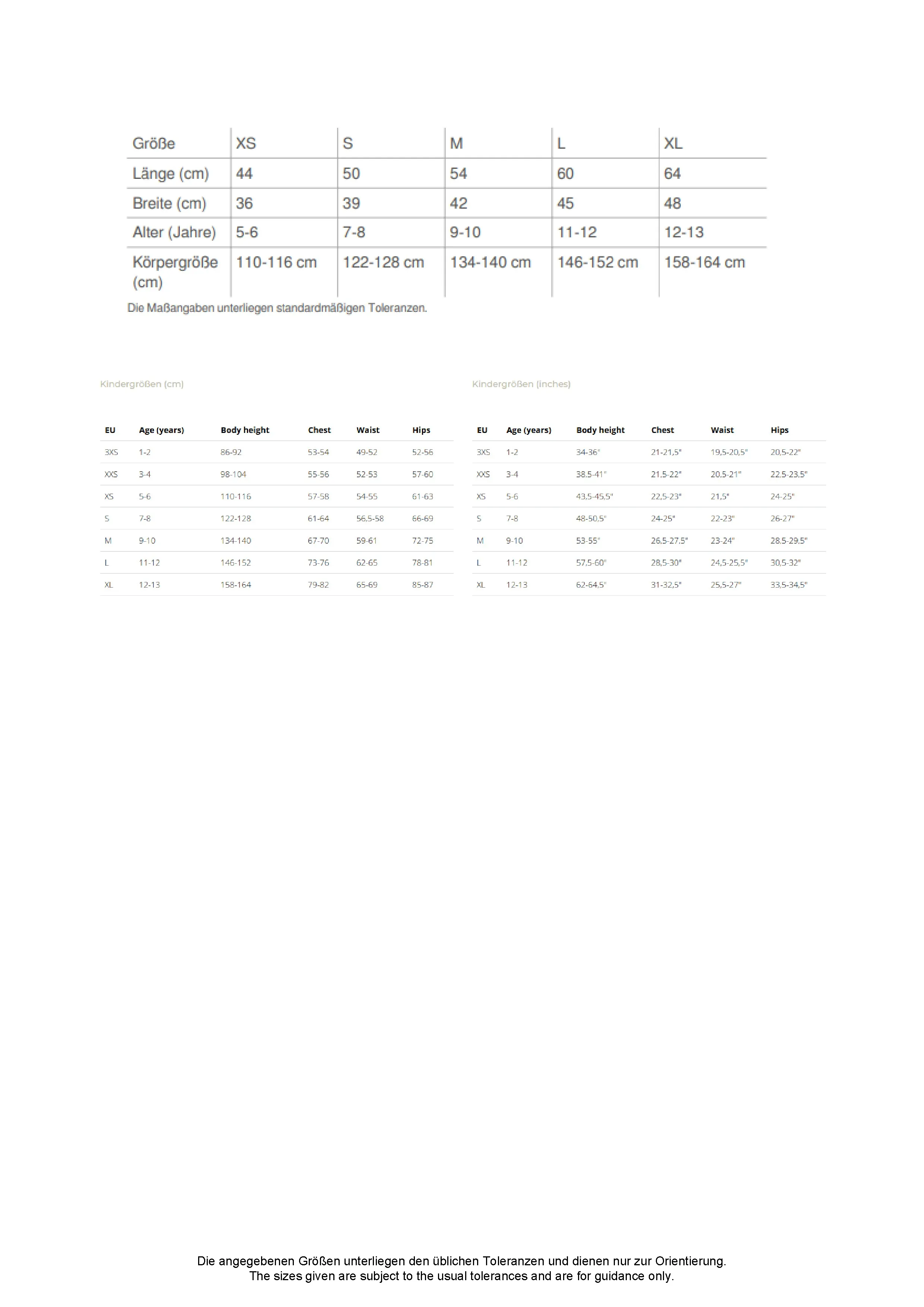 Größentabelle für Kids´ Classic Polo – S510K