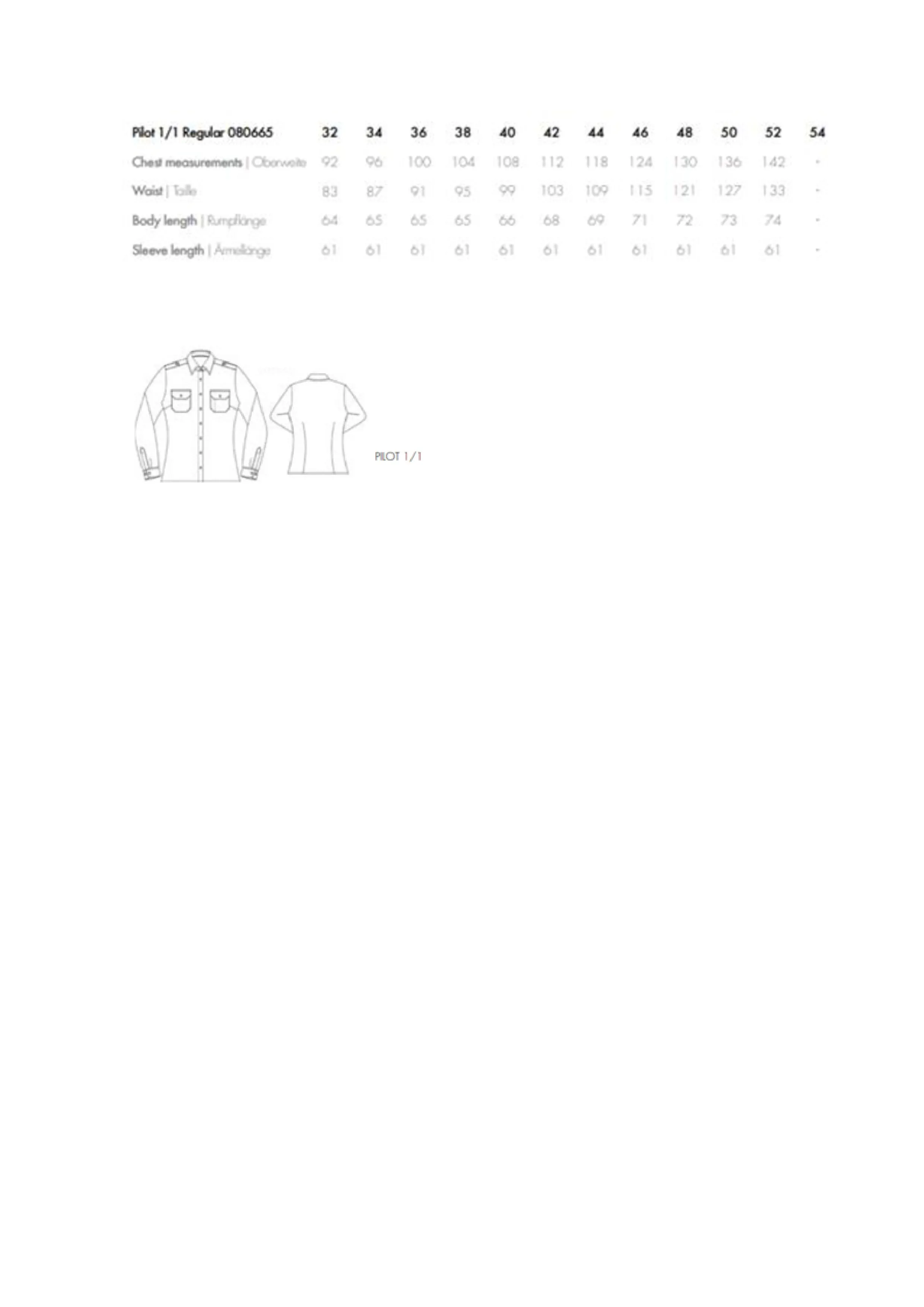 Größentabelle für Women´s Pilot Blouse Regular Fit Longsleeve – SN080665