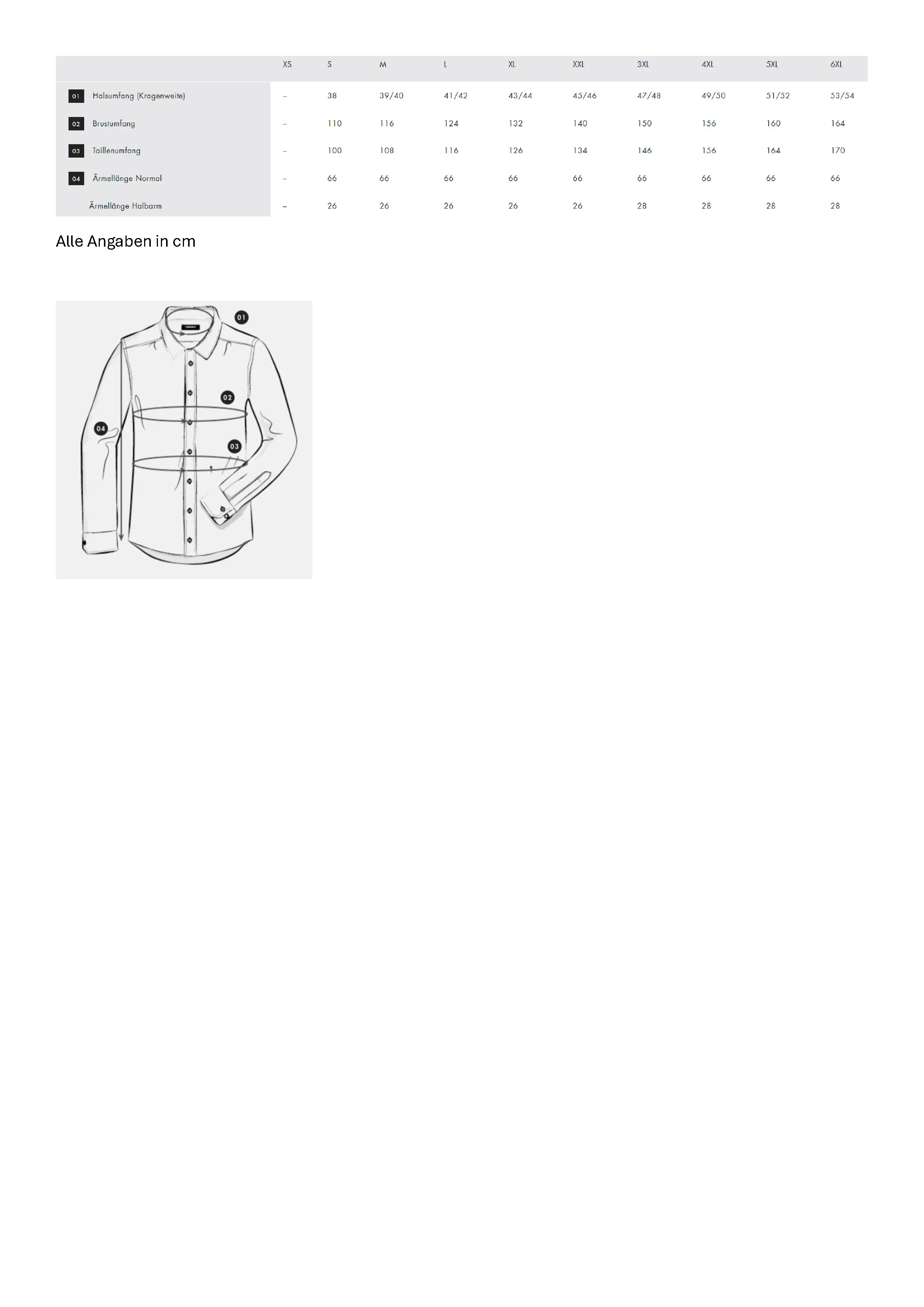 Größentabelle für Men´s Pilot Shirt Regular Shortsleeve – SN146761