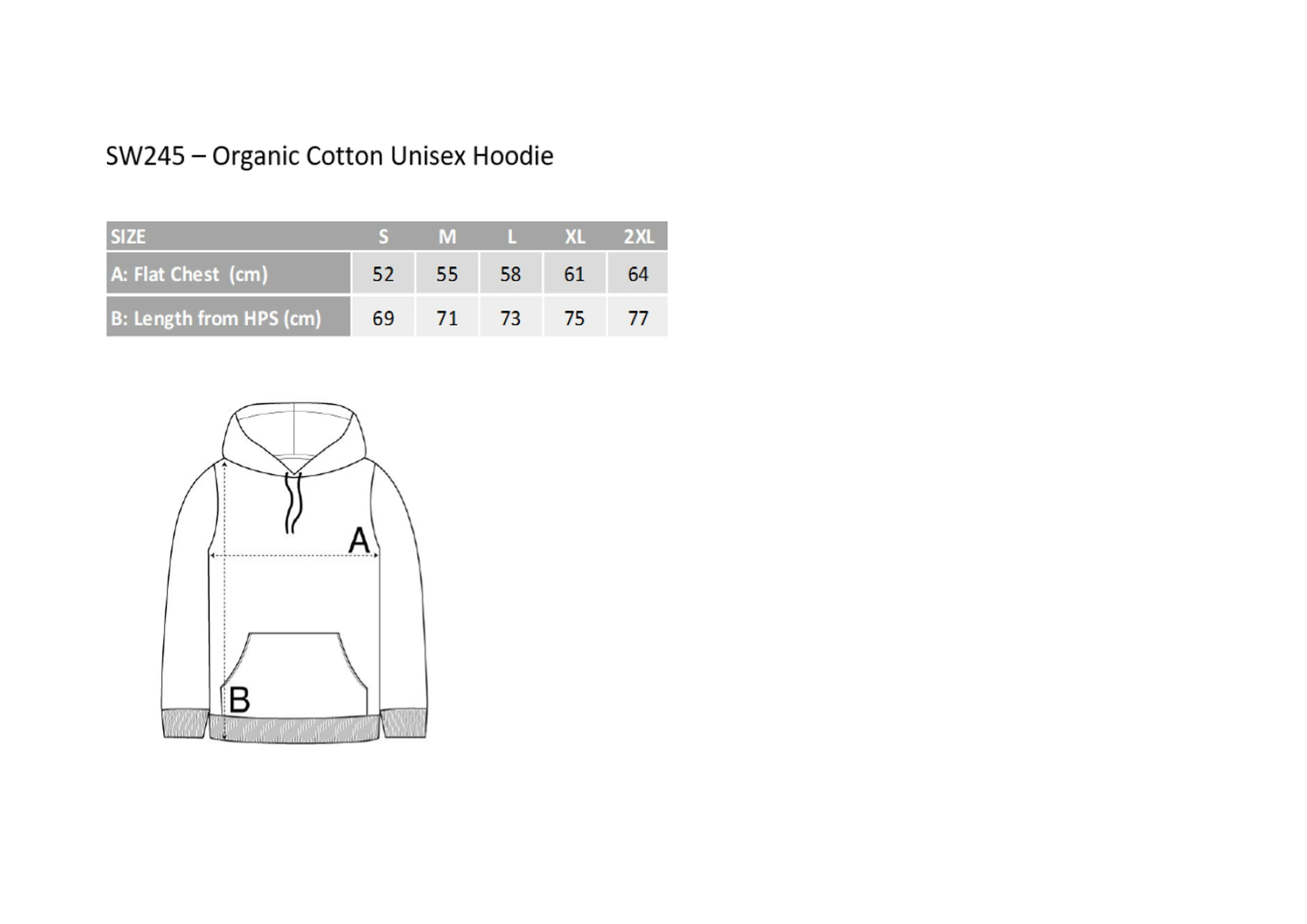 Größentabelle für Organic Cotton Unisex Hoodie – SW245