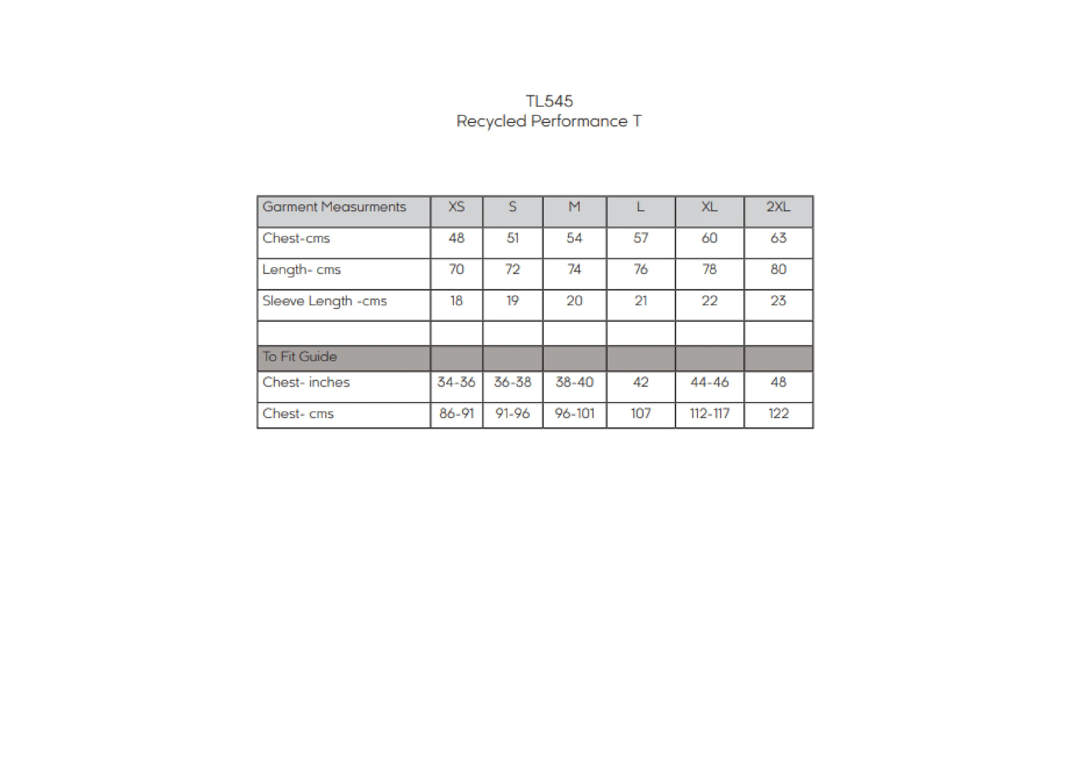 Größentabelle für Recycled Performance T – TL545