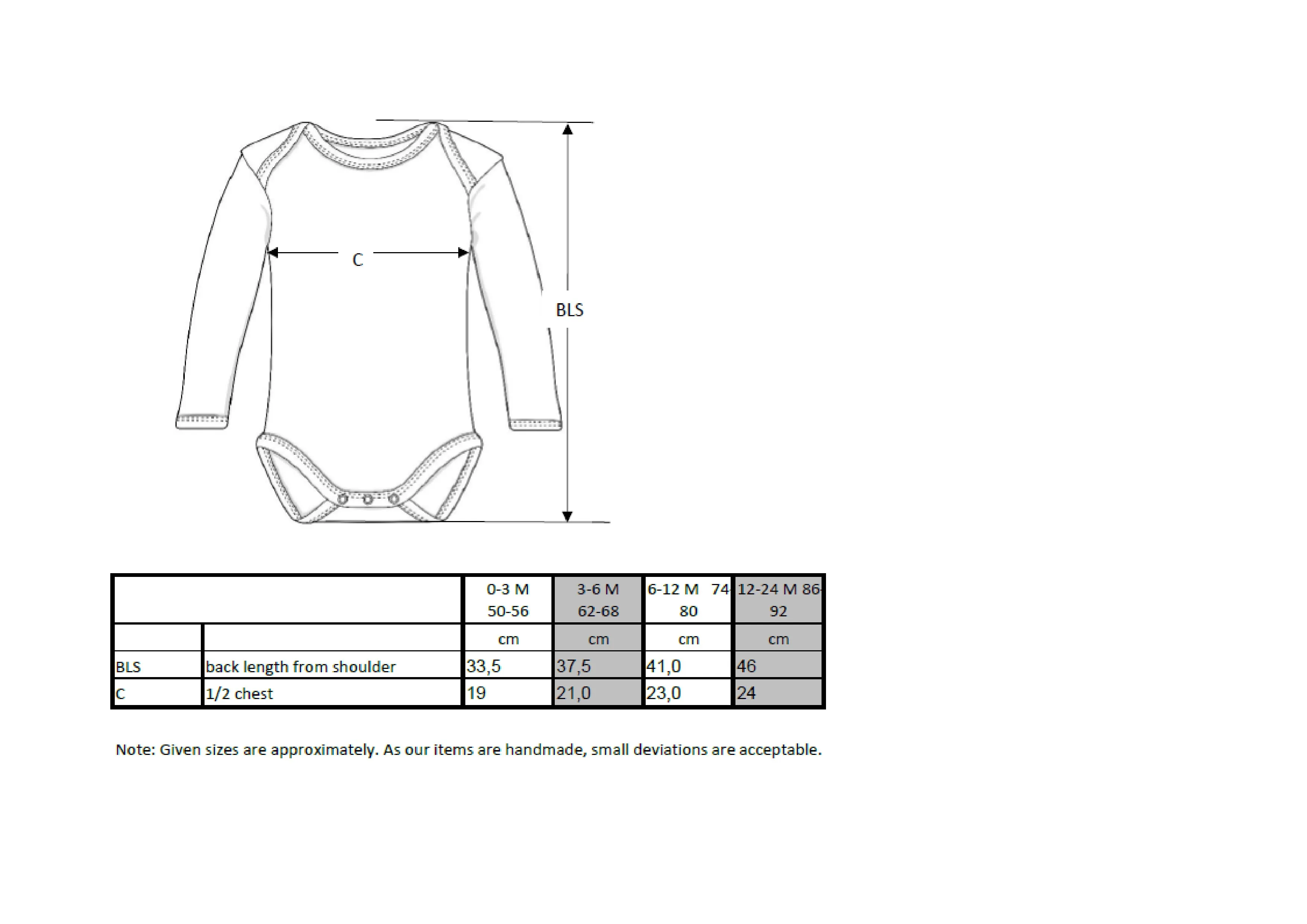 Größentabelle für Organic Baby Bodysuit Long Sleeve Rebel 02 – X21420